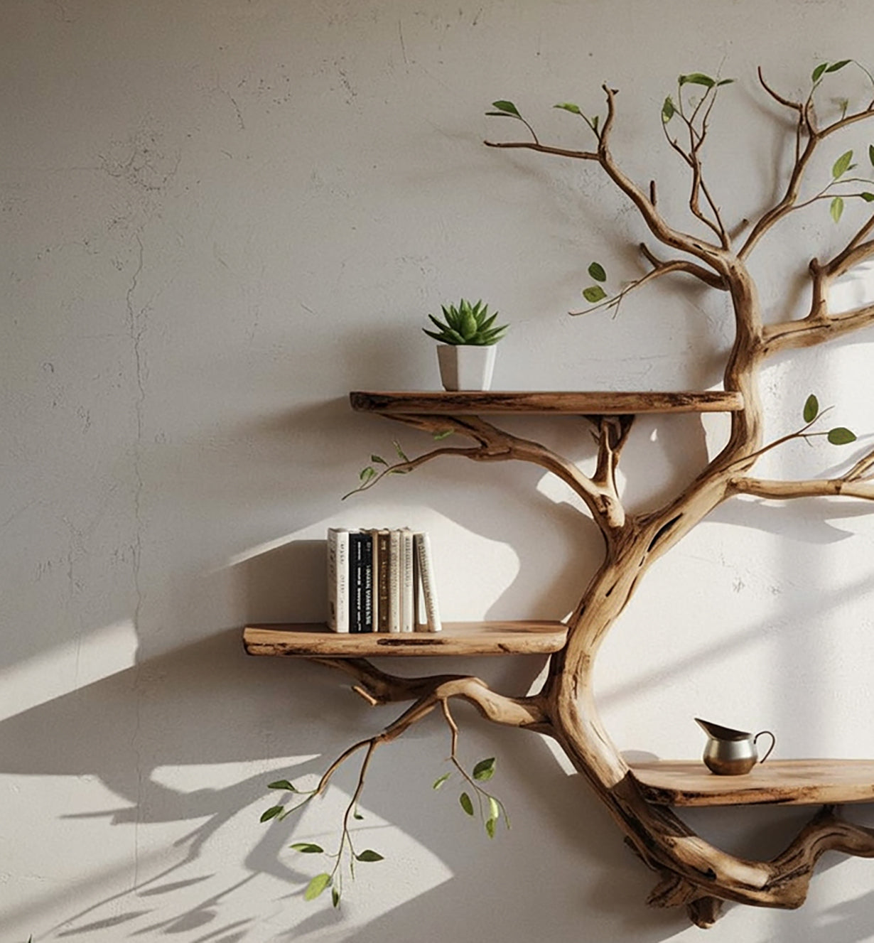 Live Edge Massivholz-Bücherregal – Wandmontiertes Treibholz-Wandregal als Kunstobjekt