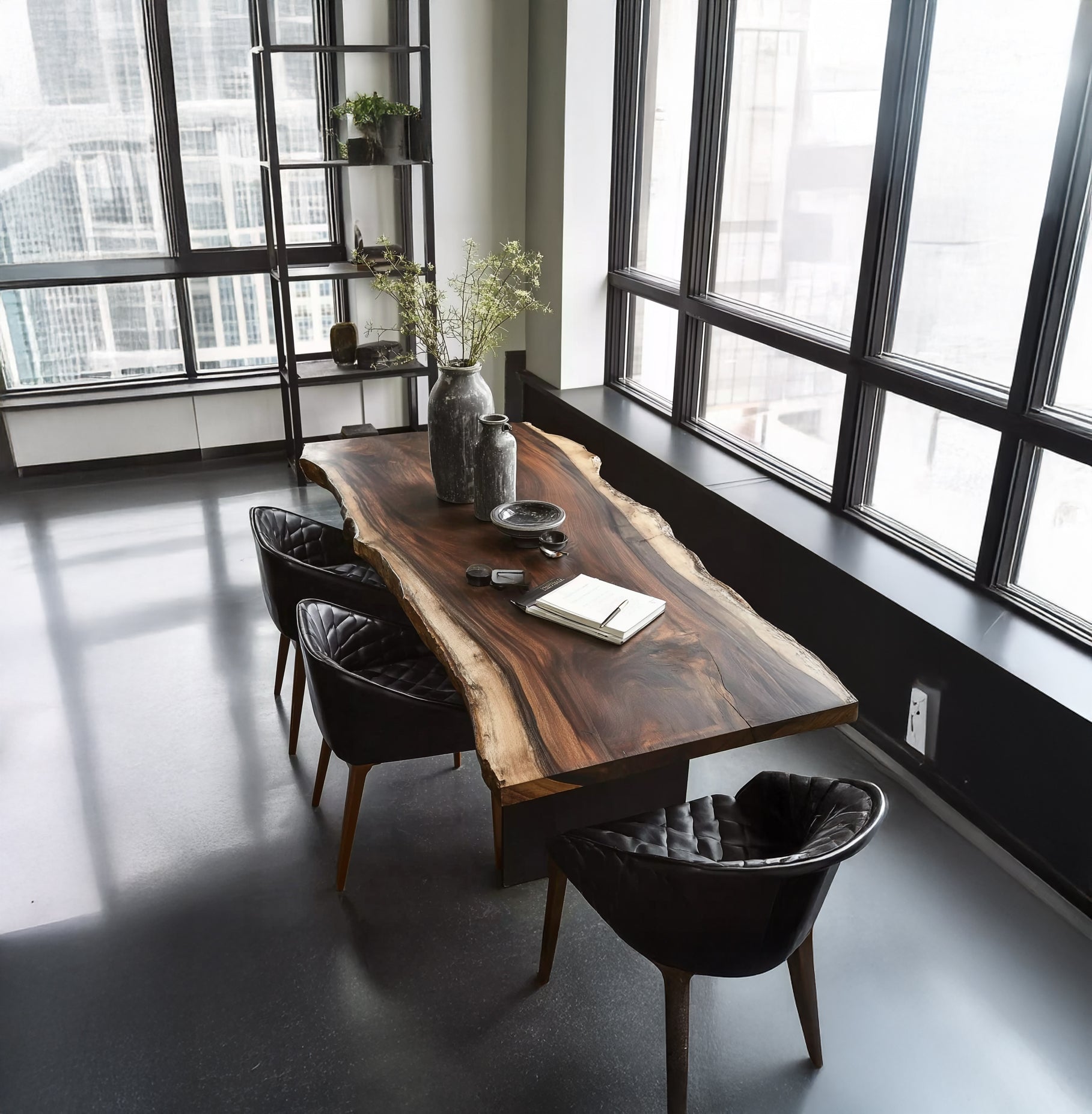 Modern office interior with live edge wooden table, black leather chairs, large windows, and minimal decor