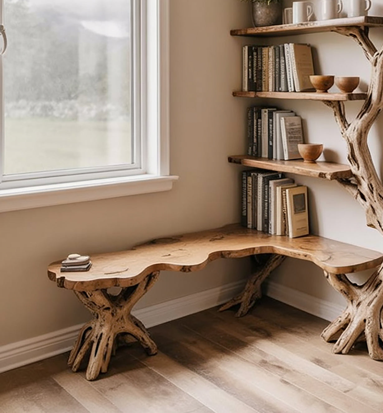 Eck-Bücherregal aus Treibholz – Massivholz mit geschnitzten Baumästen