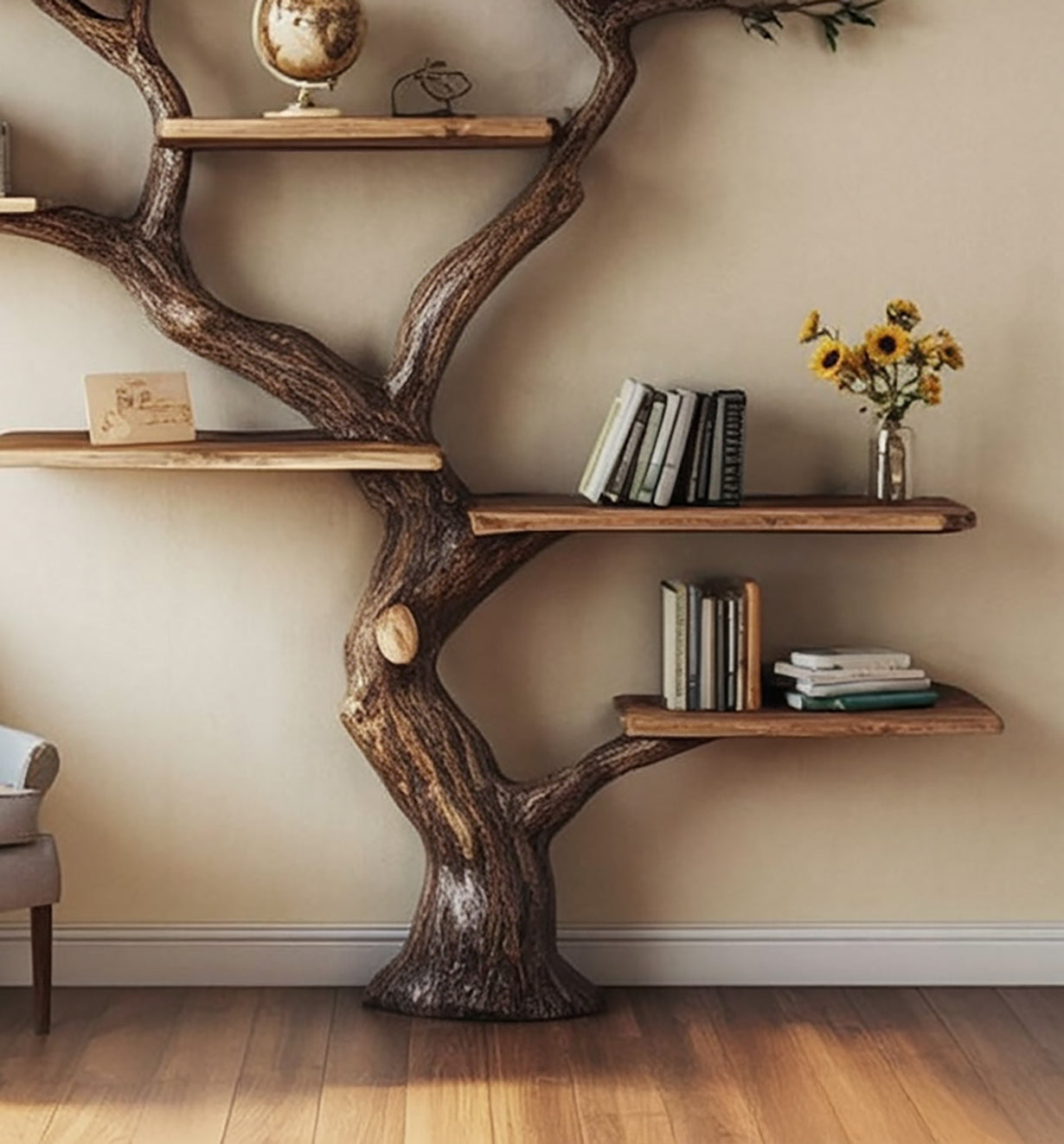 Naturinspiriertes Massivholz-Bücherregal – Baum-Design für Wohnräume
