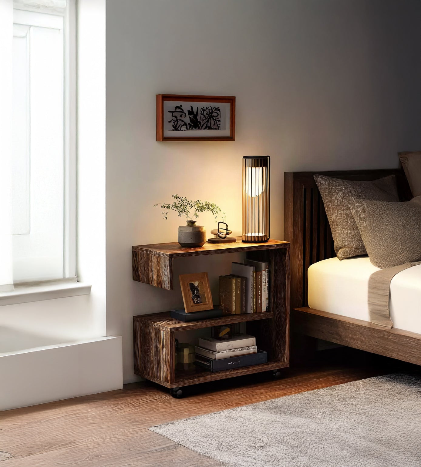 Beweglicher 2-stufiger Nachttisch – Kompakter Rolltisch als Beistellmöbel