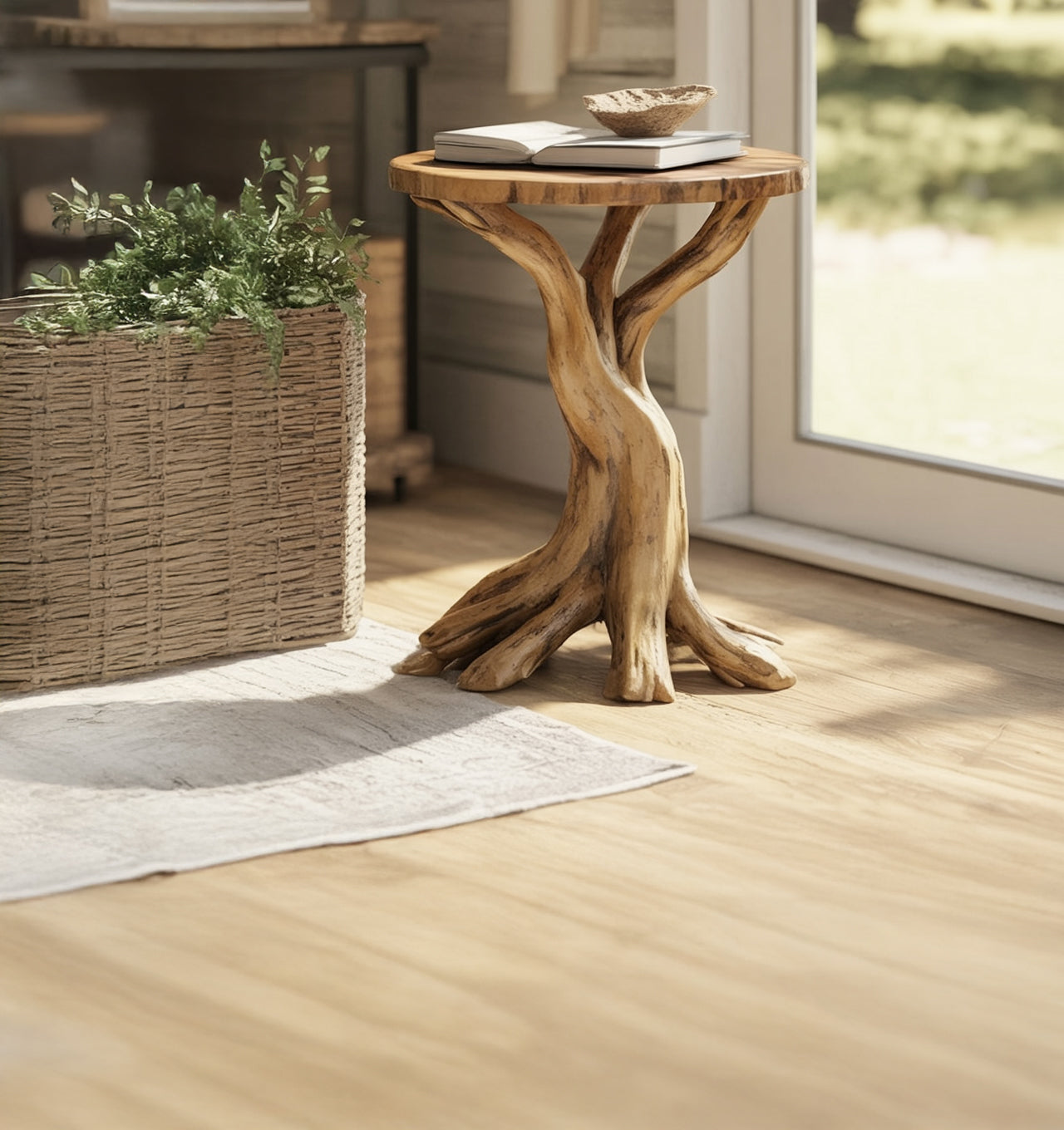 Handgefertigter rustikaler Beistelltisch aus Massivholz für stilvolle Wohnräume