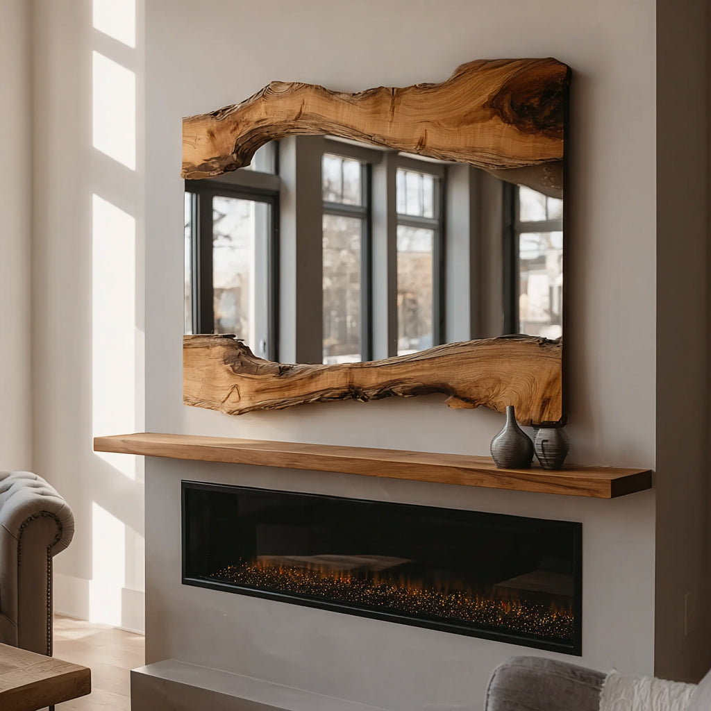 Handgefertigter Olivenholz-Wandspiegel – rustikal mit Naturkante, LED und Epoxid-Design