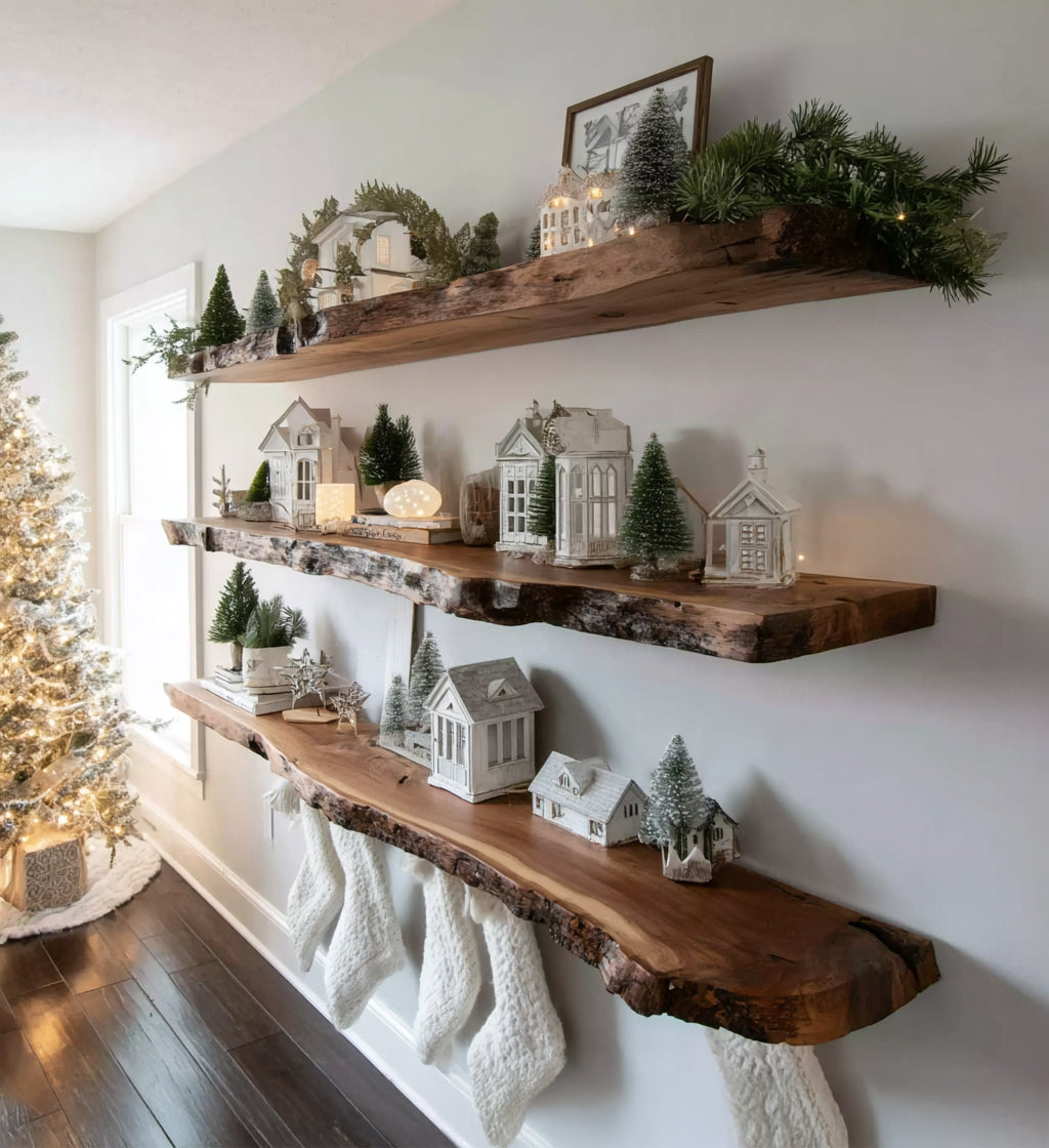 Weihnachts-Schweberegal mit Baumkante – Rustikale Wanddekoration aus Massivholz