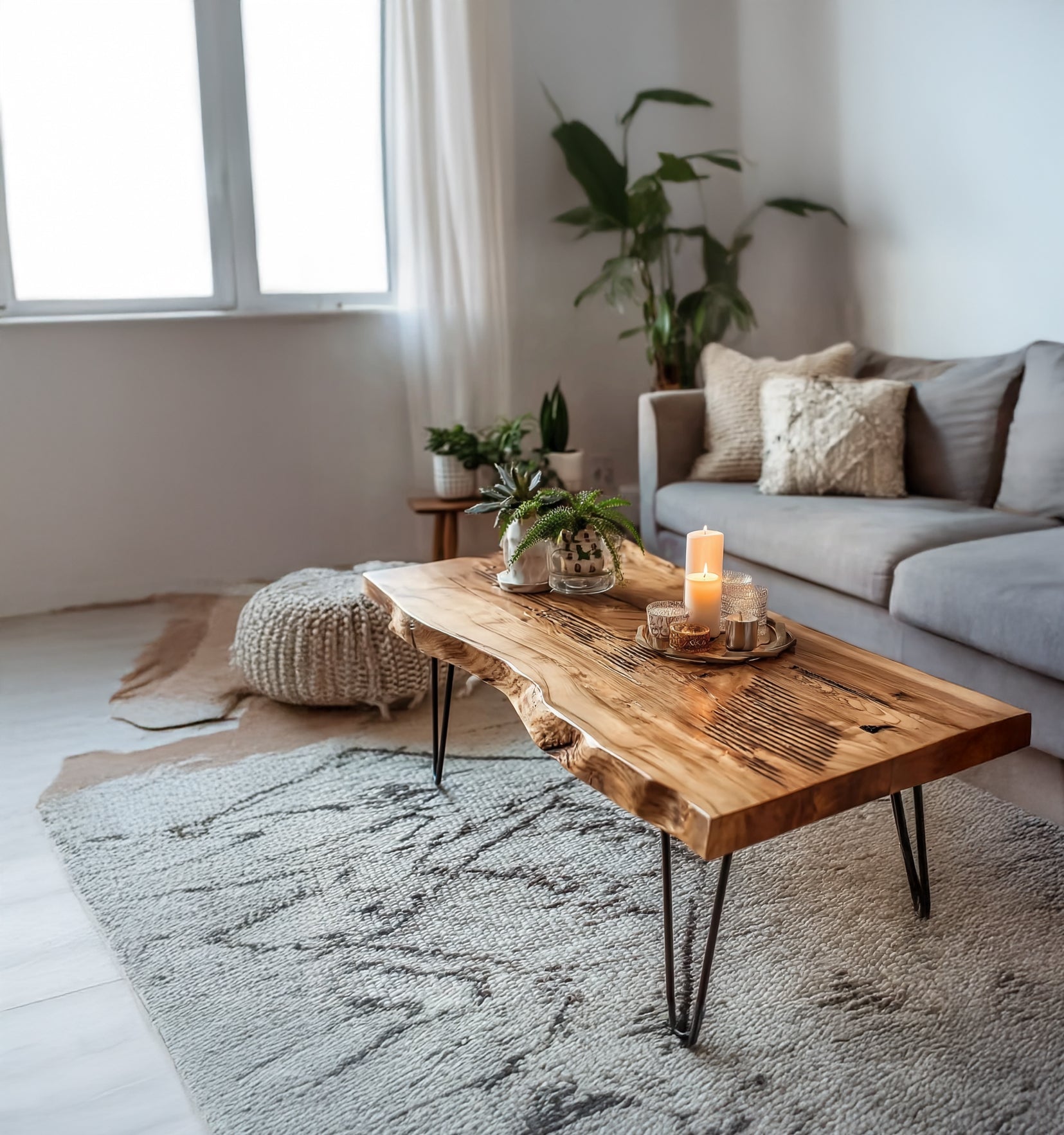 Live-Edge-Couchtisch aus Massivholz mit Hairpin-Beinen – rustikales modernes Design