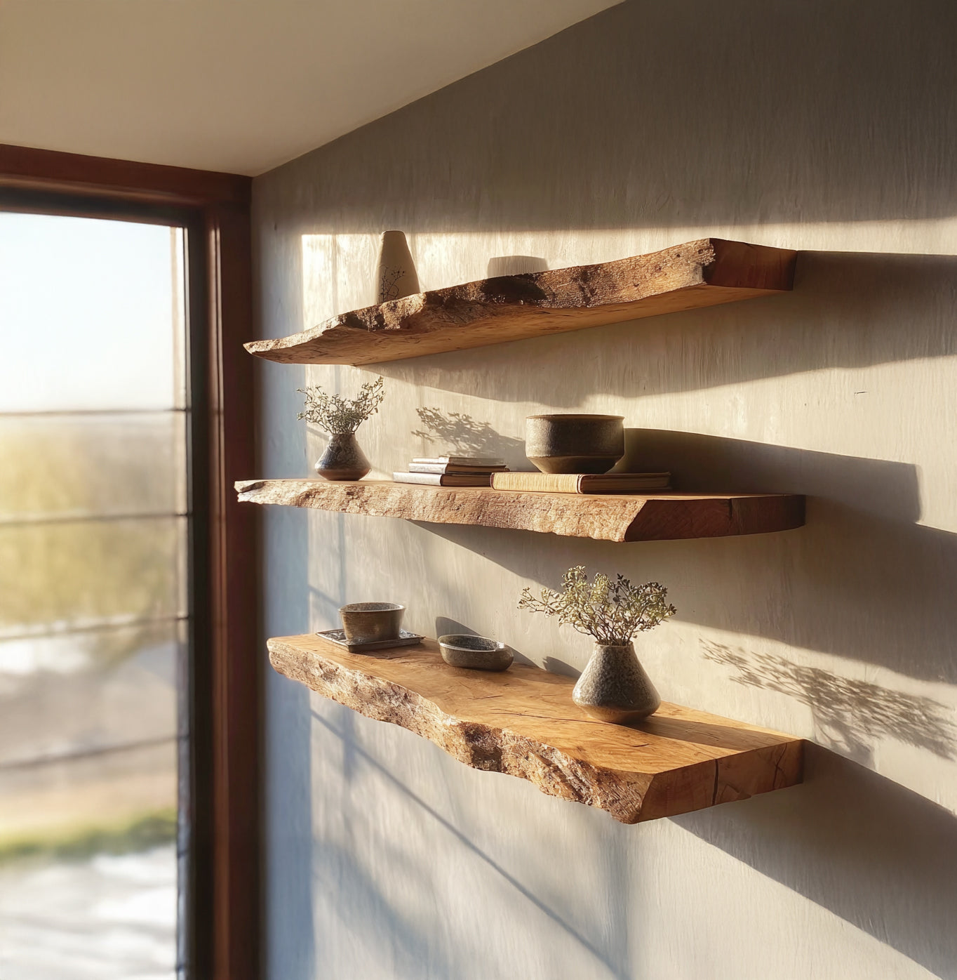 Rustikales schwebendes Wandregal mit Live Edge – Massivholz Deko