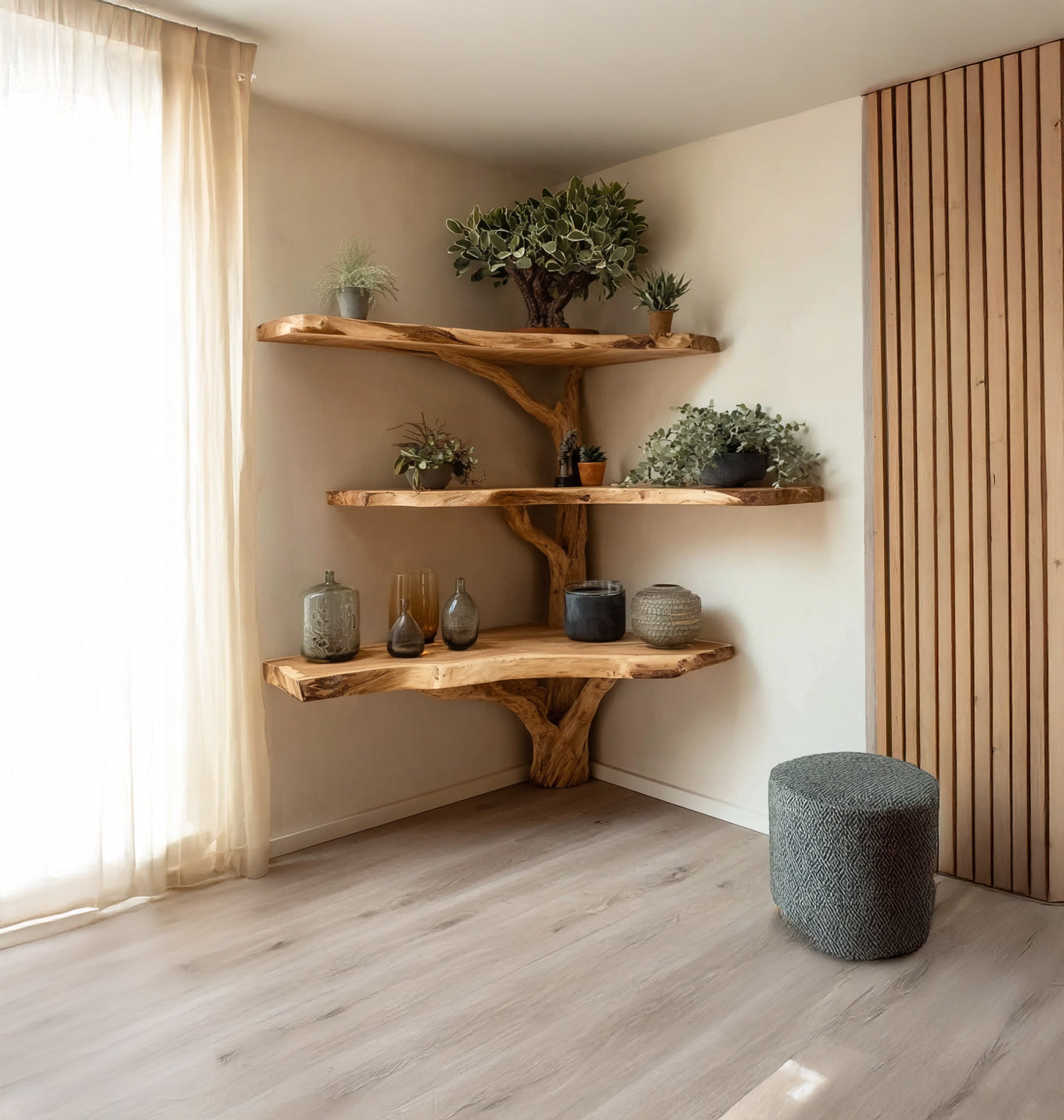 Eck-Baum-Bücherregal mit Baumkante – rustikales, handgefertigtes Holz-Wandregal