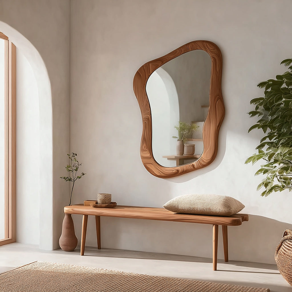 Großer Holz-Wandspiegel – asymmetrisch, unregelmäßig, modernes Boho-Design