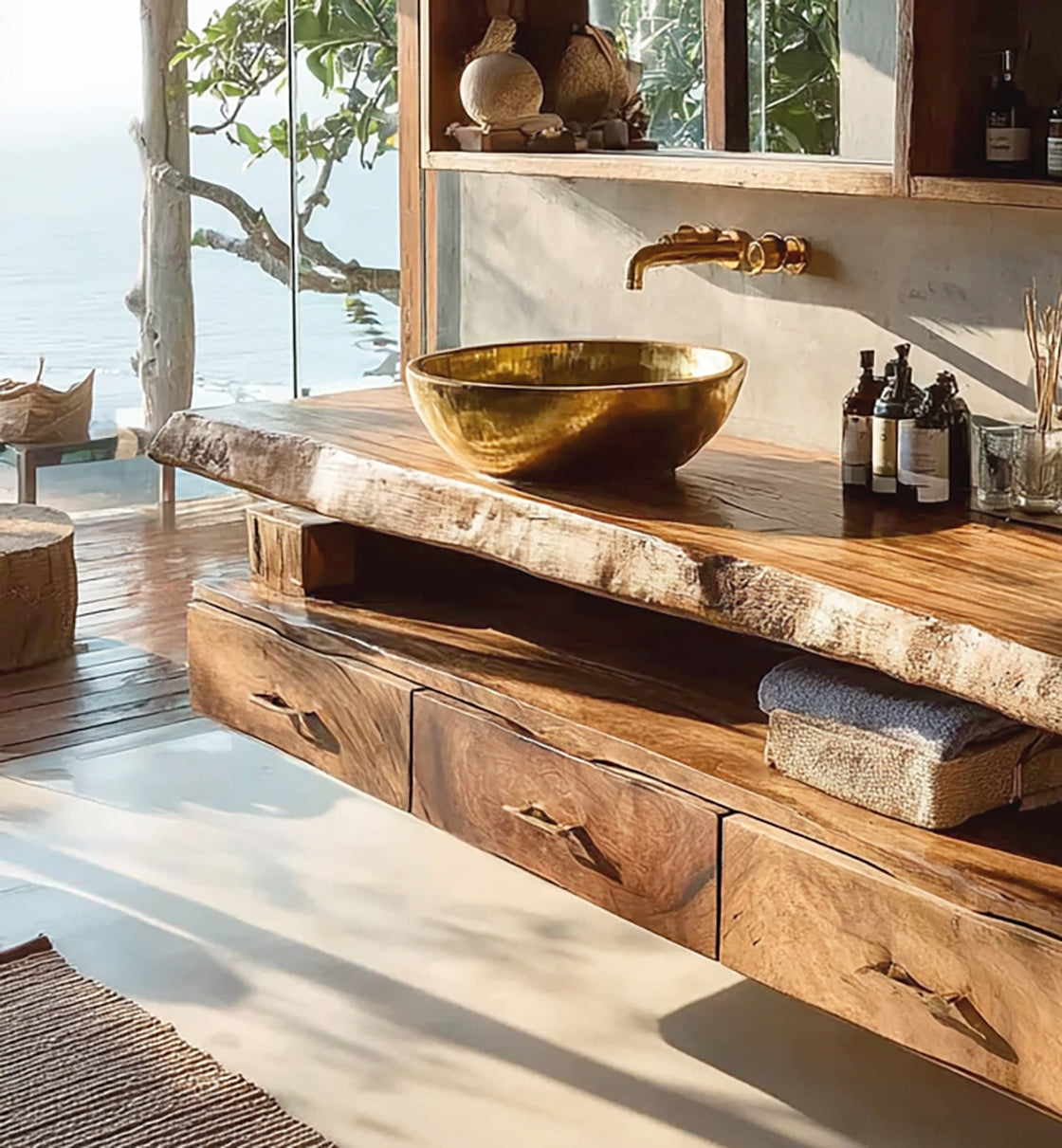 Handgefertigter Rustikaler Hängender Waschtisch aus Massivholz