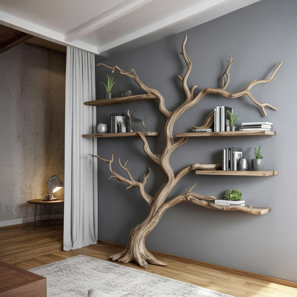 Künstlerisches Wandregal aus Baumästen – Holz Bücherregal