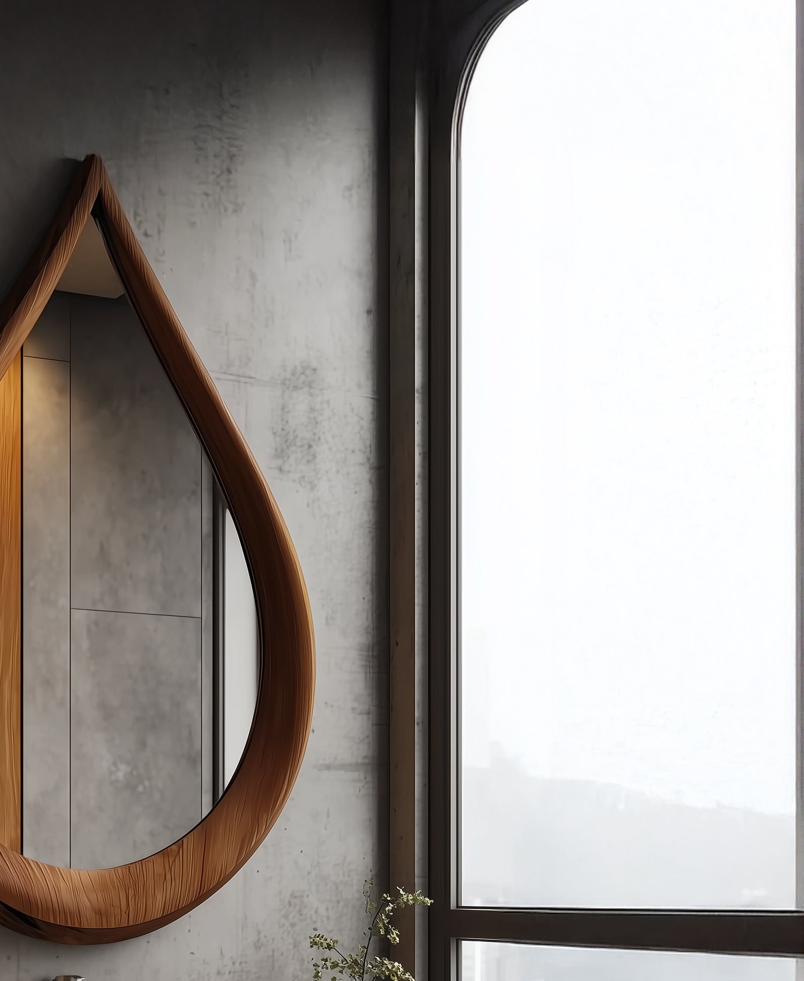 Tropfenförmiger Massivholz-Wandspiegel – handgefertigt, asymmetrisch, Boho