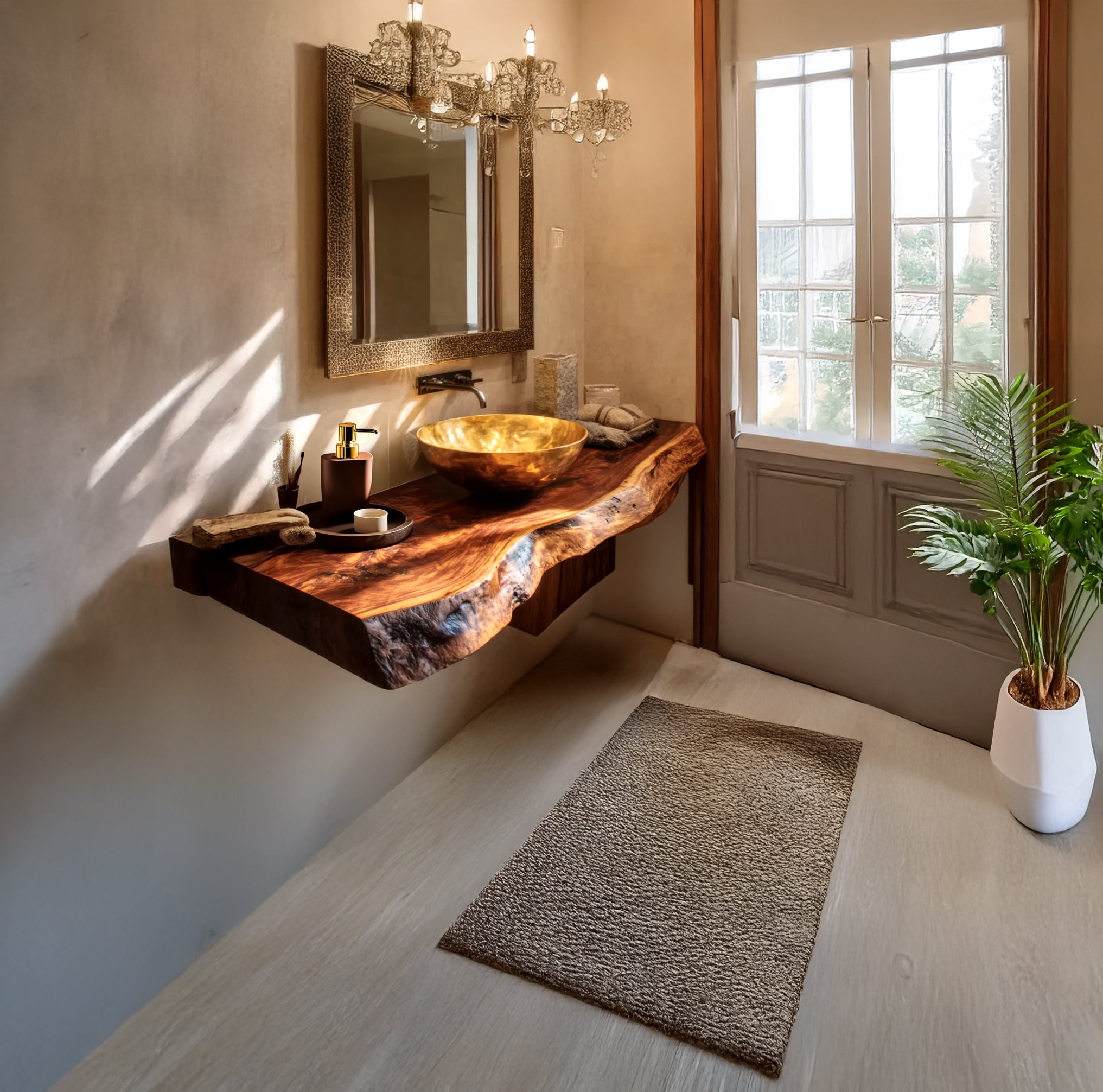 Handgefertigtes schwebendes Badezimmerregal aus Live-Edge-Holz