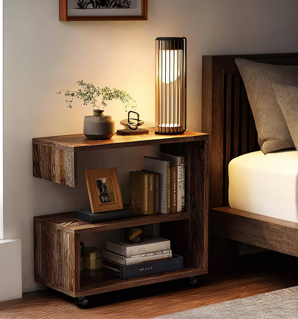 Beweglicher 2-stufiger Nachttisch – Kompakter Rolltisch als Beistellmöbel