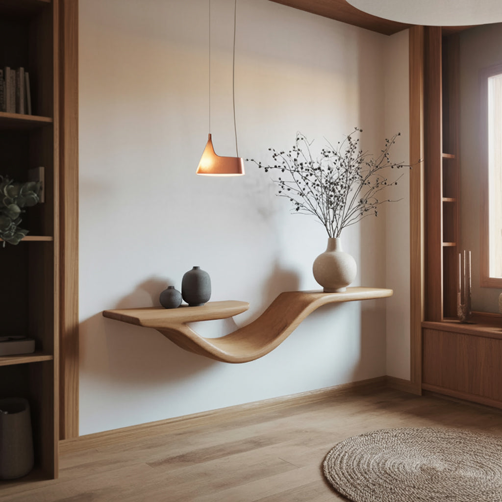 Rustikales Live Edge Wandregal Wellenform – Schwebendes Holzregal