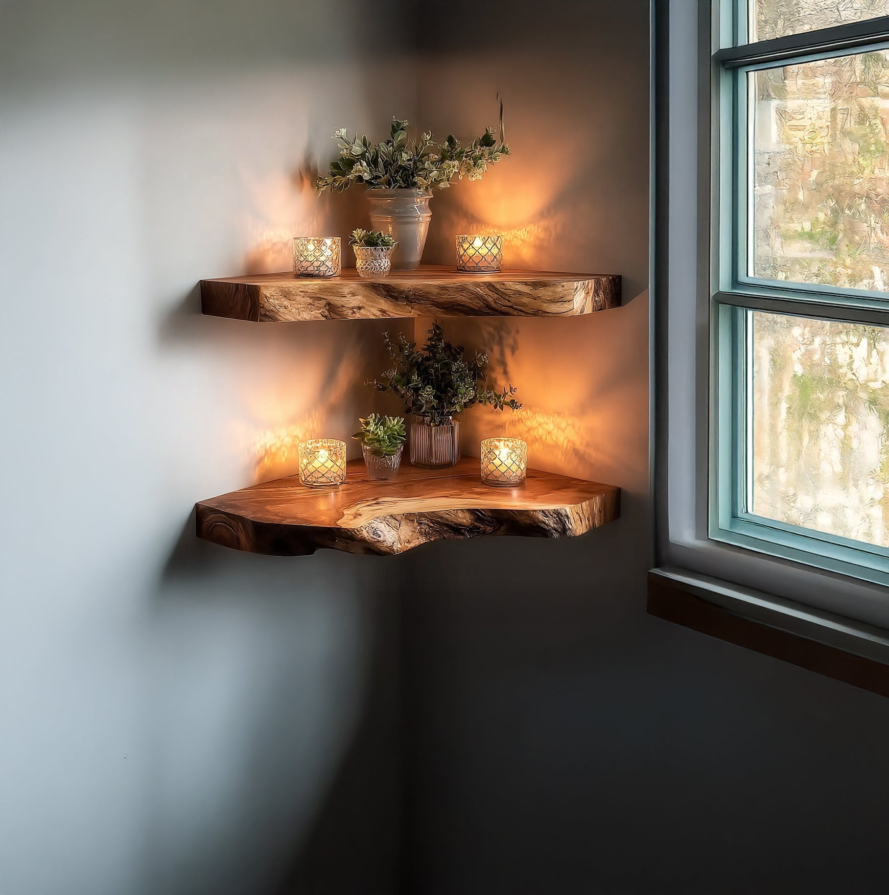 Rustikales Eckregal – Schwebendes Live-Edge-Holz für Kerzen & Pflanzen
