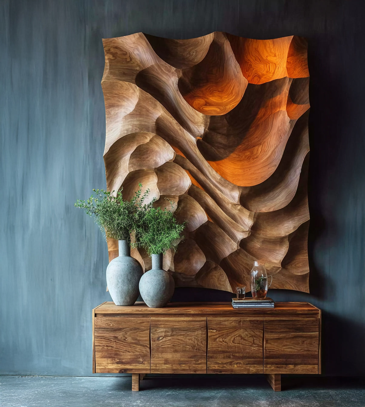 Modernes Holz-Wandpanel – Abstrakte Welle, handgefertigte 3D-Kunst
