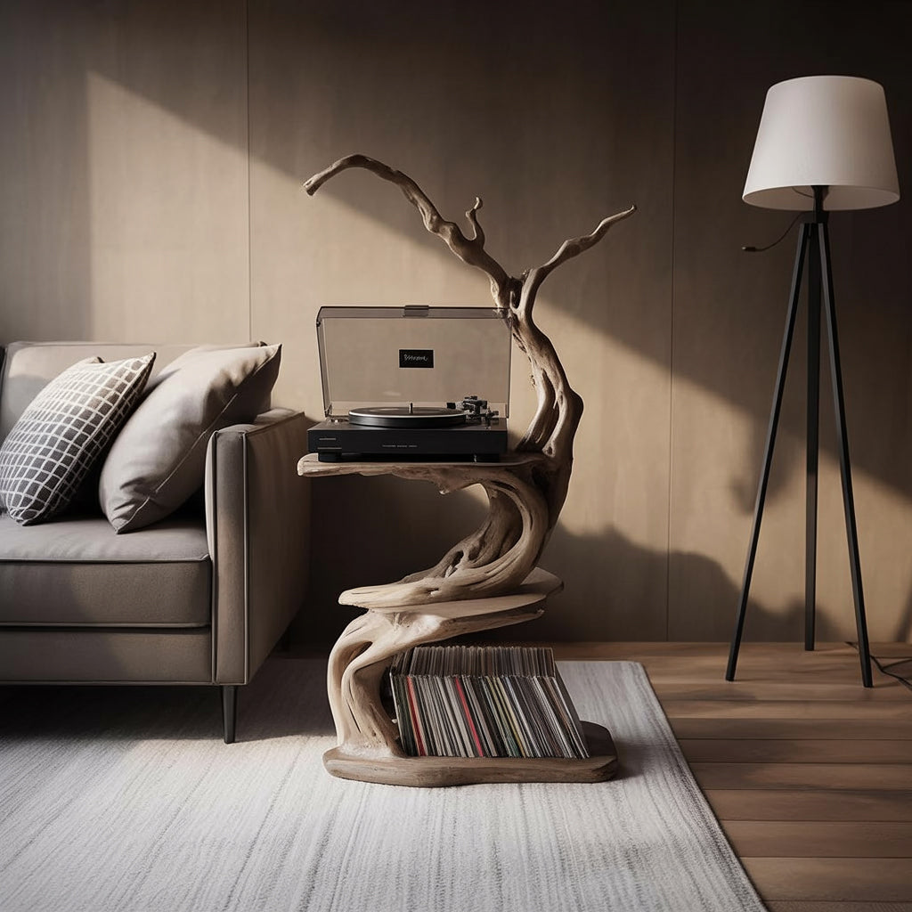 Skulpturaler Plattenspielerständer aus Holz – Organischer Treibholz-Tisch mit Vinylregal