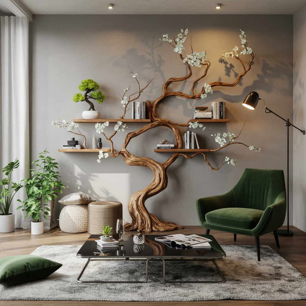 Handgefertigtes Massivholz-Baum-Wandregal – Funktionale Wandkunst