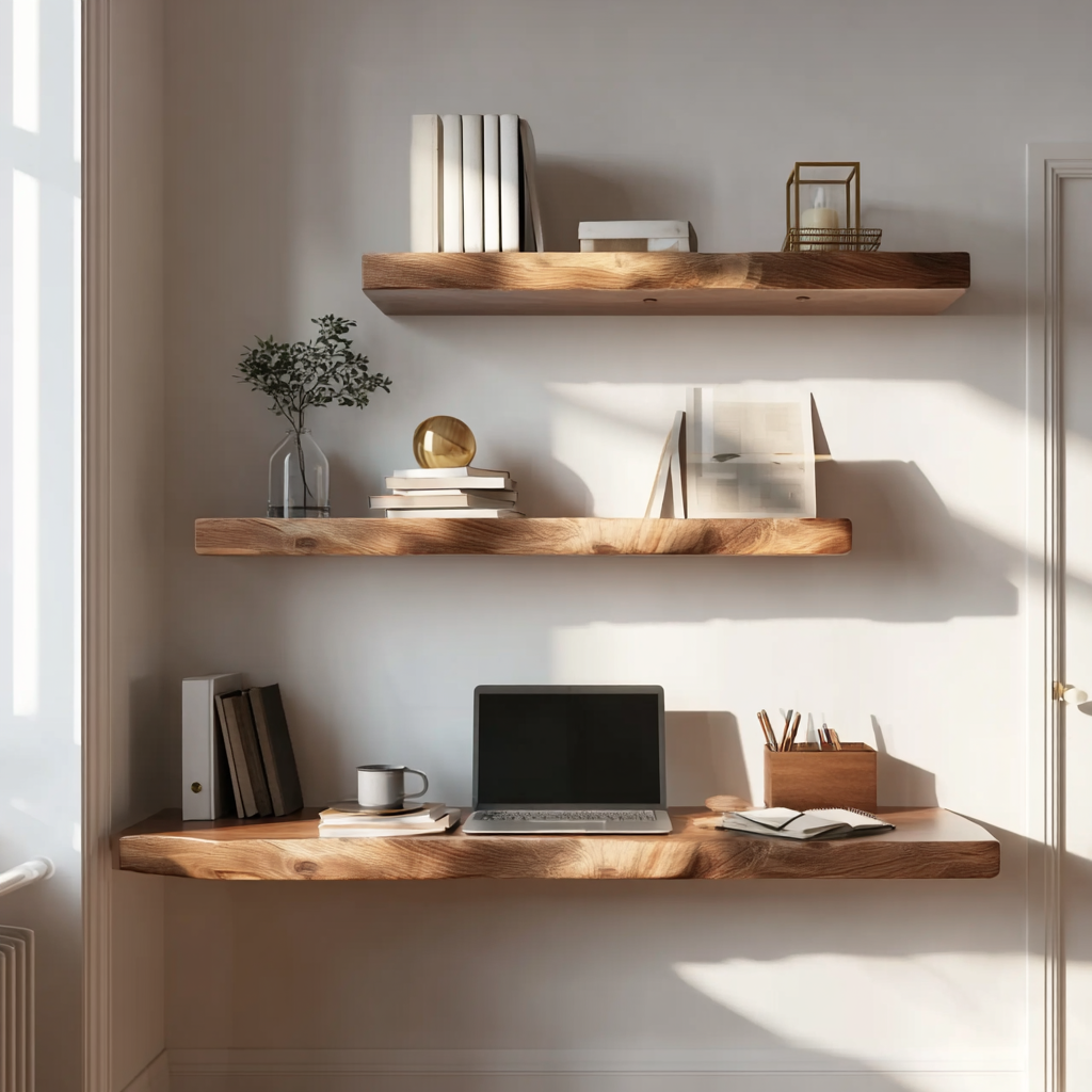 Live Edge Massivholz-Wandregal – Handgefertigter Schreibtisch für Home Office