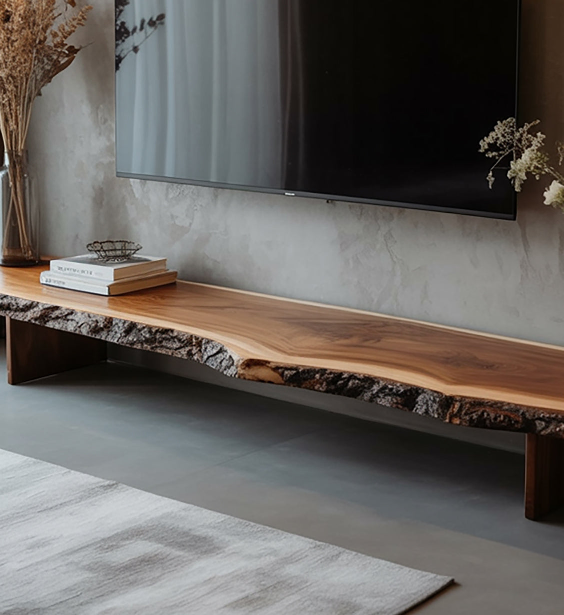 Rustikaler TV-Schrank – Walnuss-Massivholz, handgefertigte Baumkante