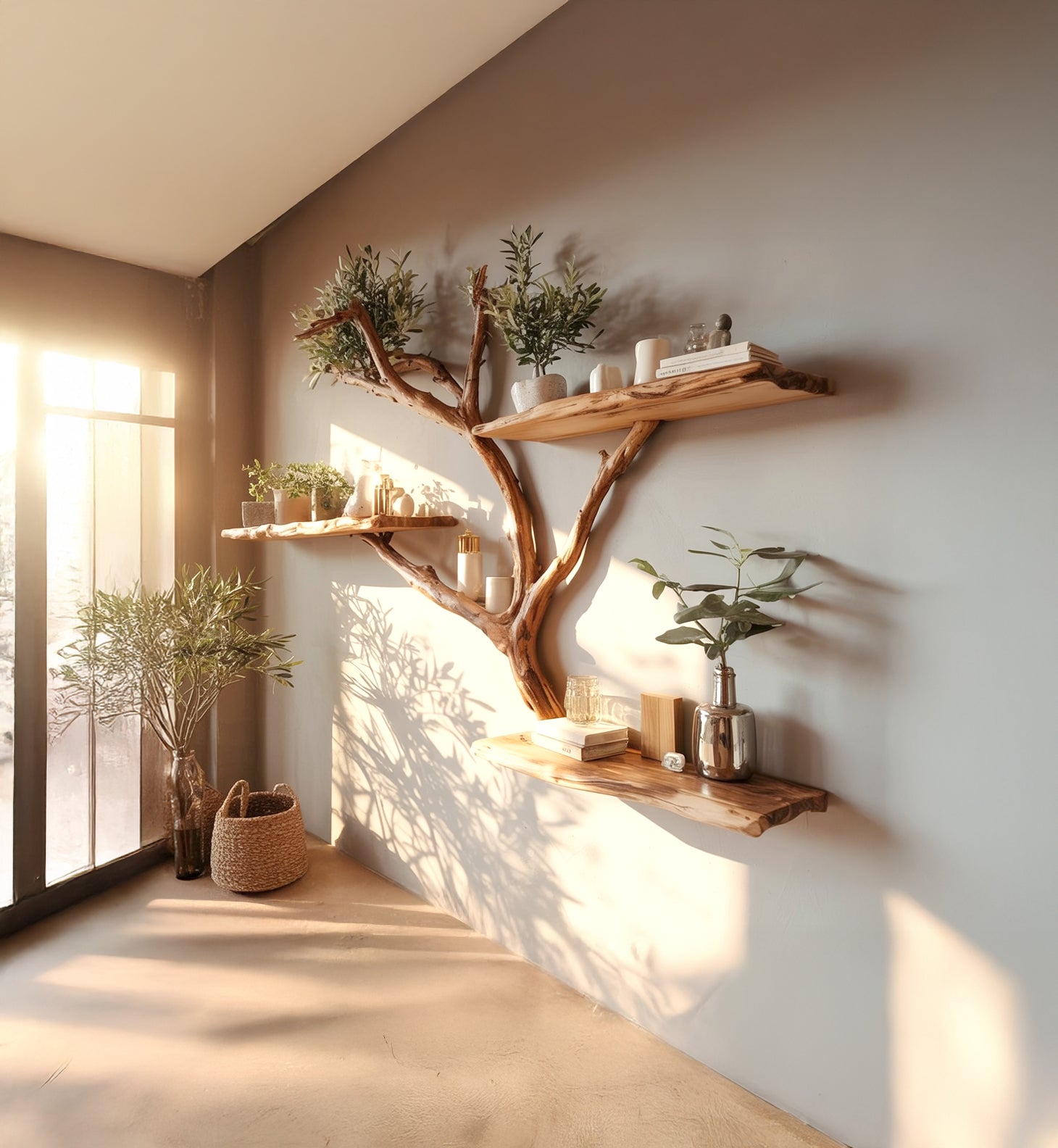 Baumast-Wandregal – handgefertigtes Holzregal mit Baumkante, rustikal