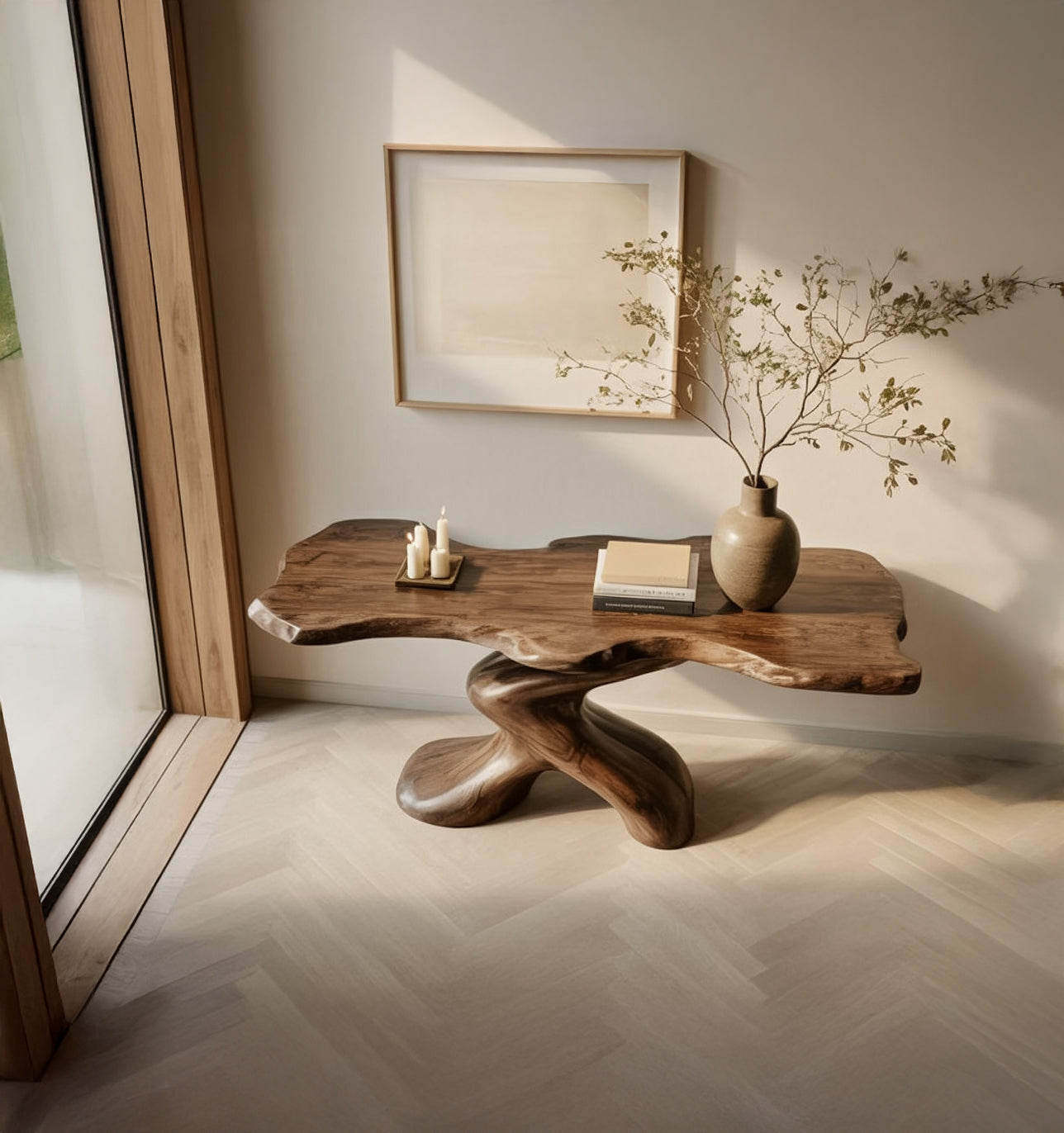 Moderne rustikale Massivholz-Konsole mit skulpturalem Sockel