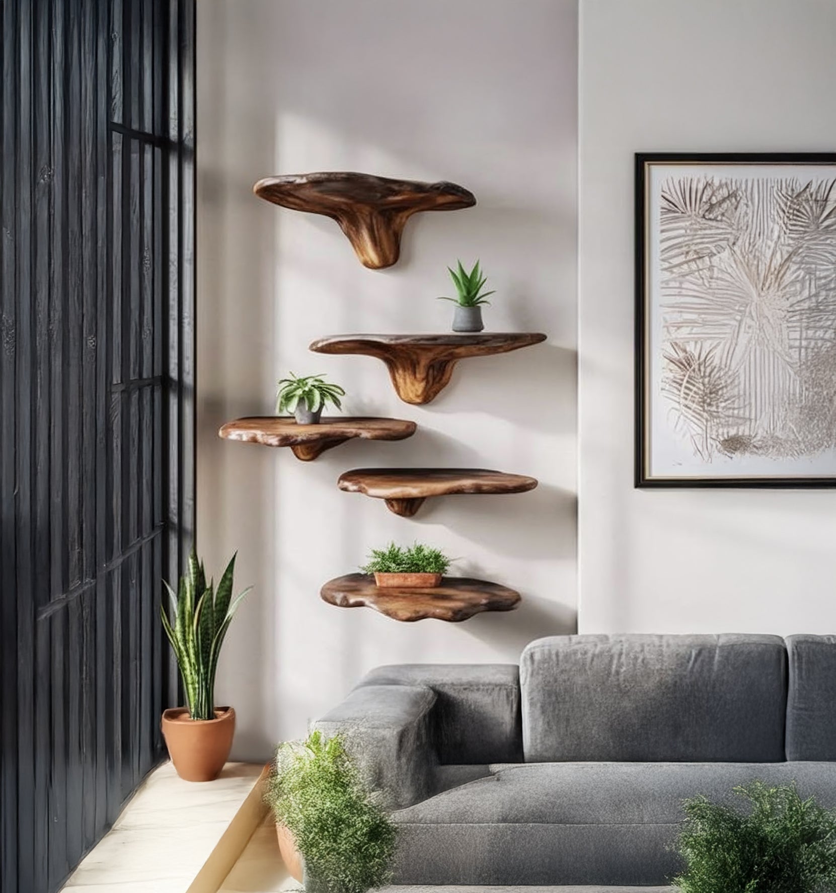 Handgefertigte schwebende Holzregale mit Live Edge – organisches Wandregal