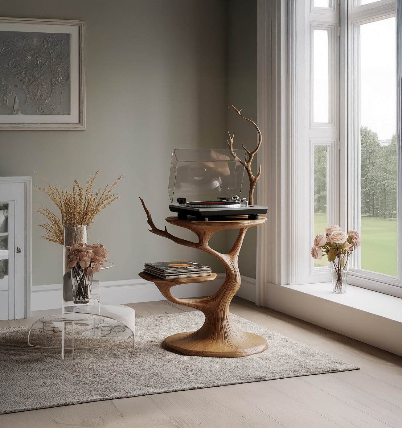 Handgefertigter Plattenspieler-Ständer aus Massivholz – Skulptural