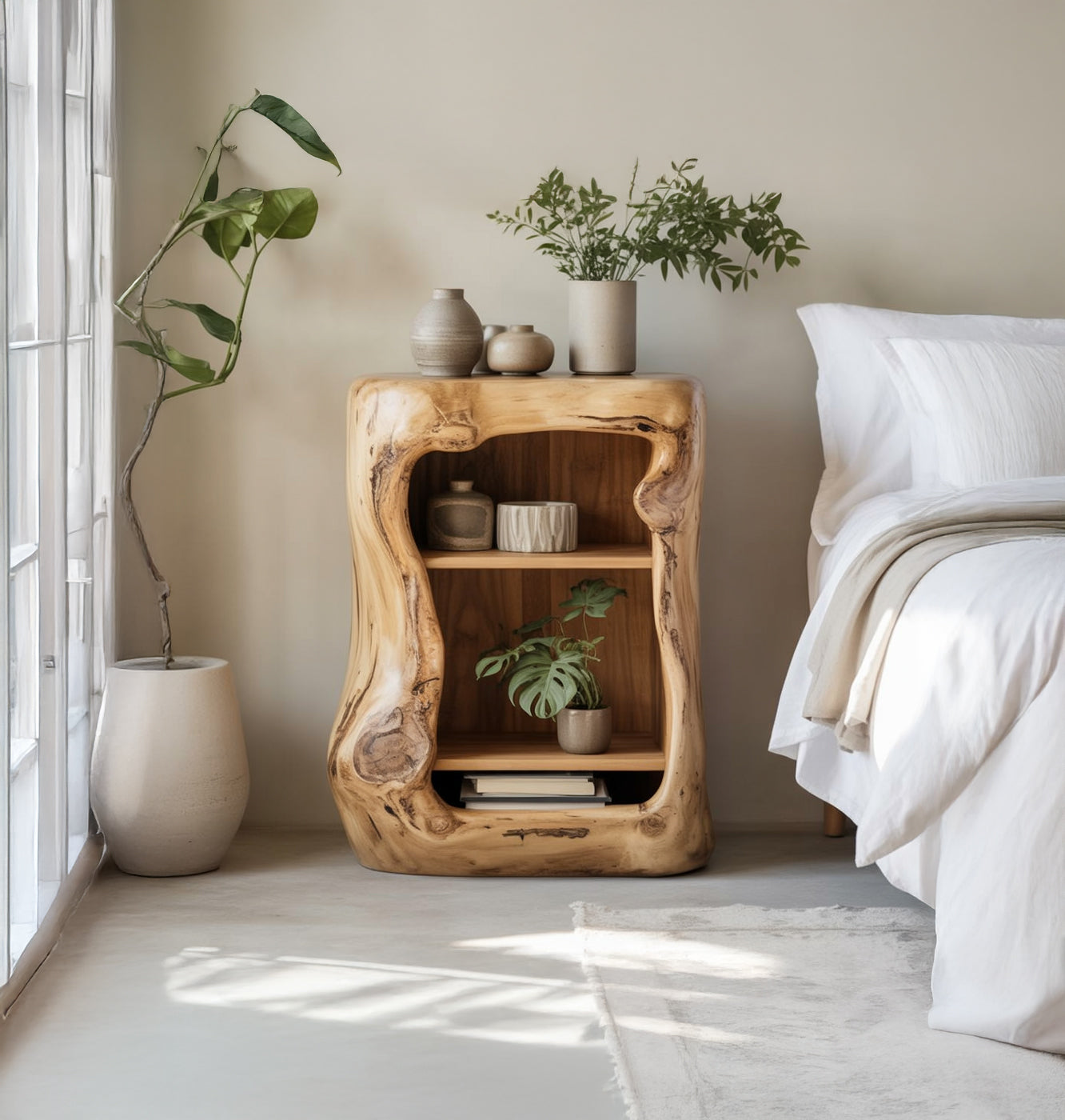 Nachttisch aus Massivholz mit Naturkante – Handgefertigter Beistelltisch mit Ablagen