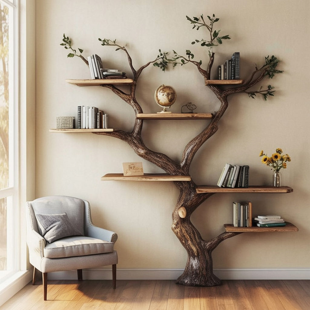 Naturinspiriertes Massivholz-Bücherregal – Baum-Design für Wohnräume