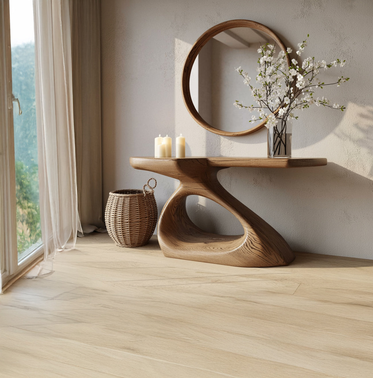 Skulpturale Massivholz-Konsole – Handgefertigtes Eingangsbereich Möbelstück