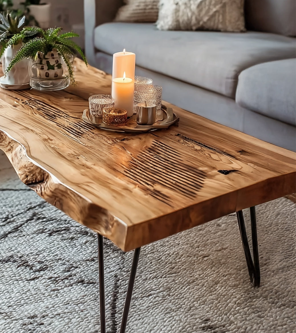 Live-Edge-Couchtisch aus Massivholz mit Hairpin-Beinen – rustikales modernes Design