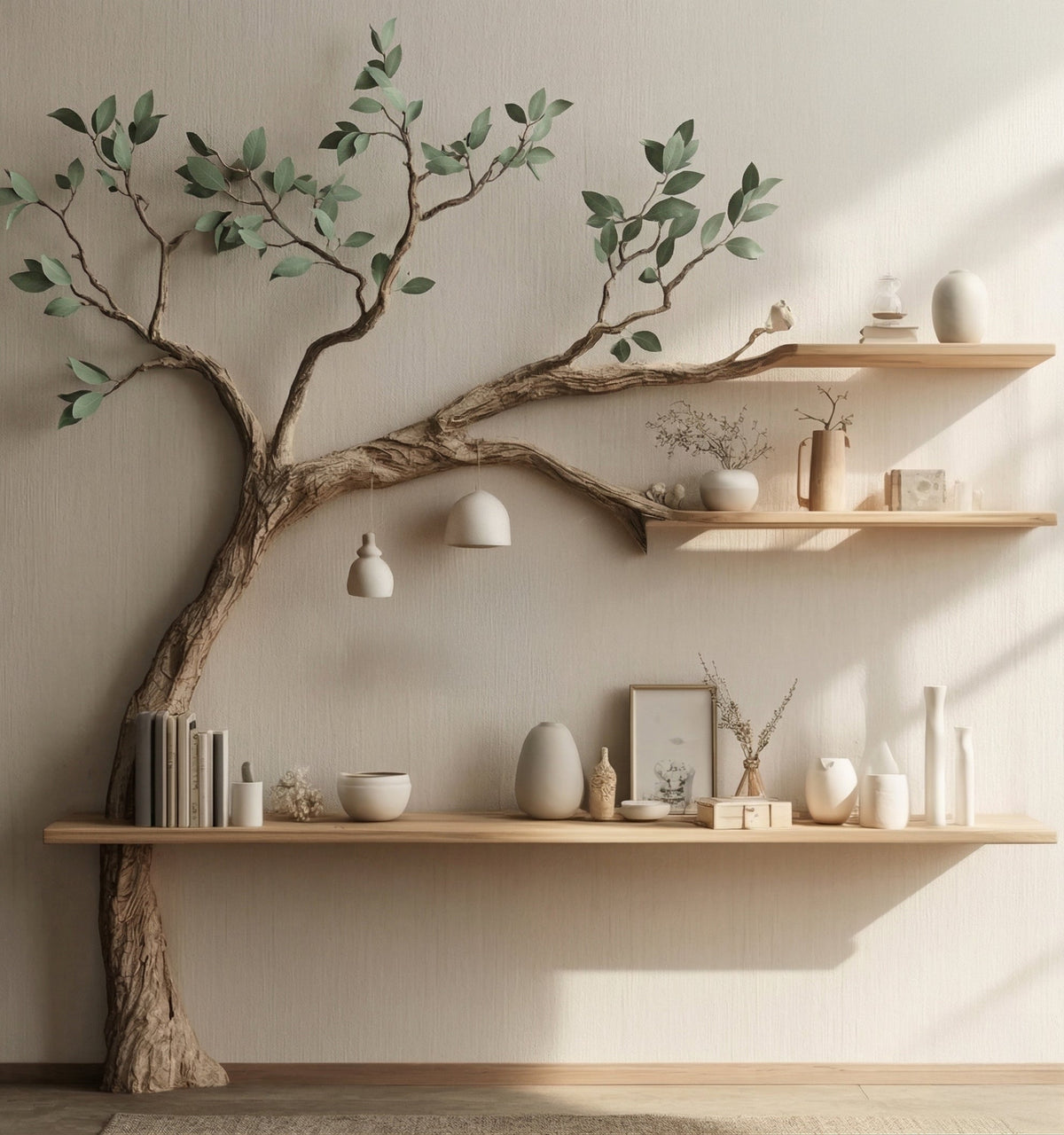Skulpturales Baum-Bücherregal für die Leseecke – Wandmontiertes Schauregal aus Massivholz