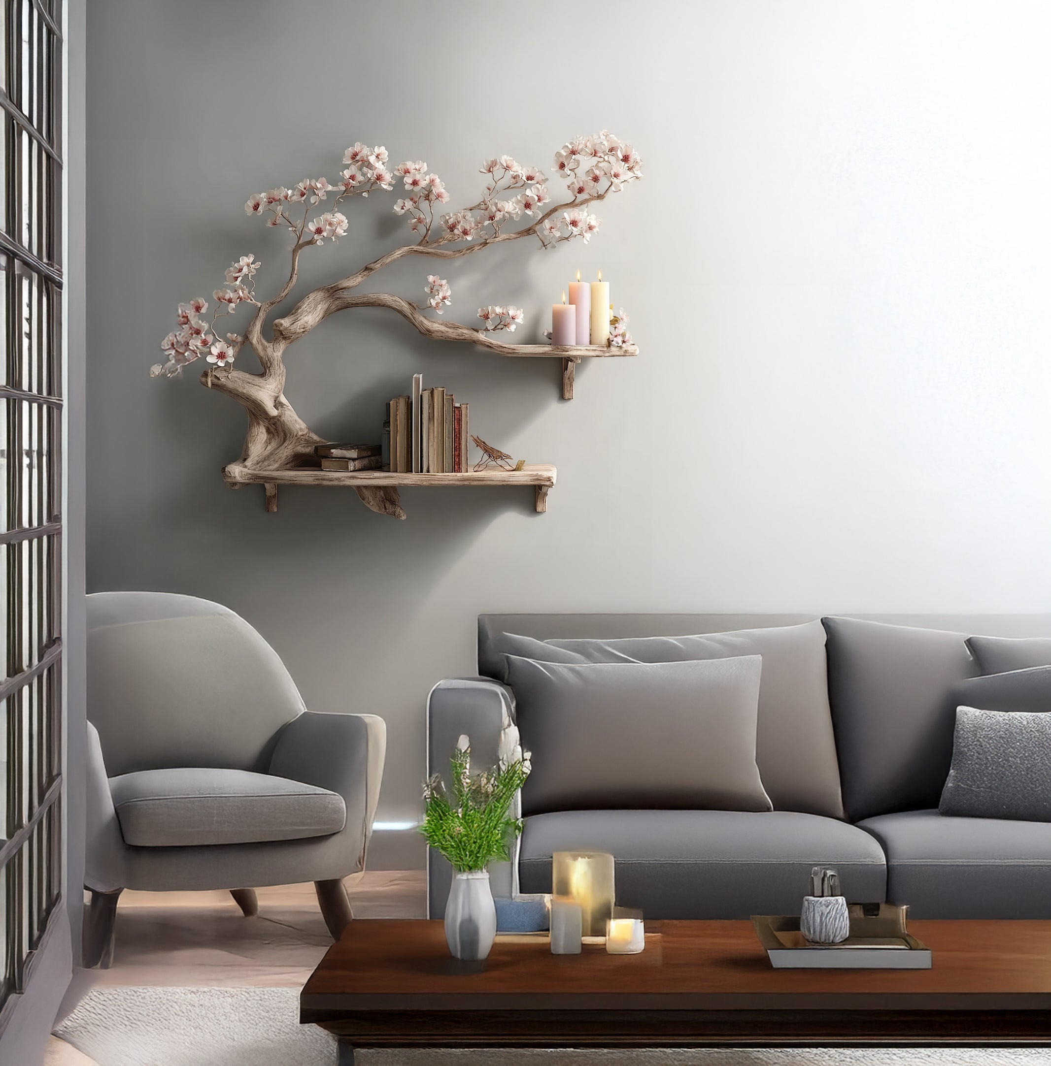 Treibholz-Bücherregal in Baumform – rustikaler Wandständer