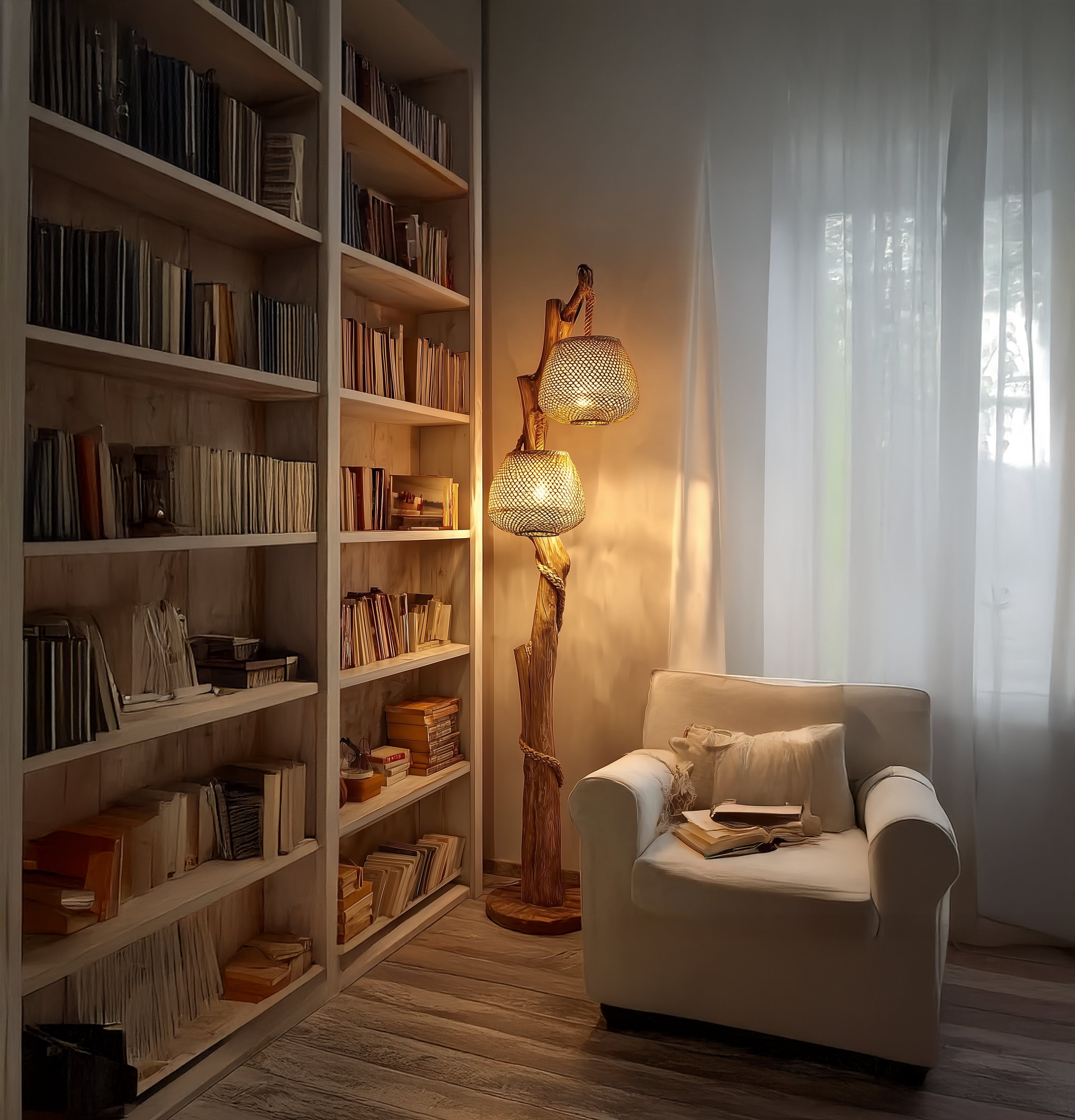 Baum-Stehlampe – Handgefertigt aus Naturholz für rustikales Wohnzimmer