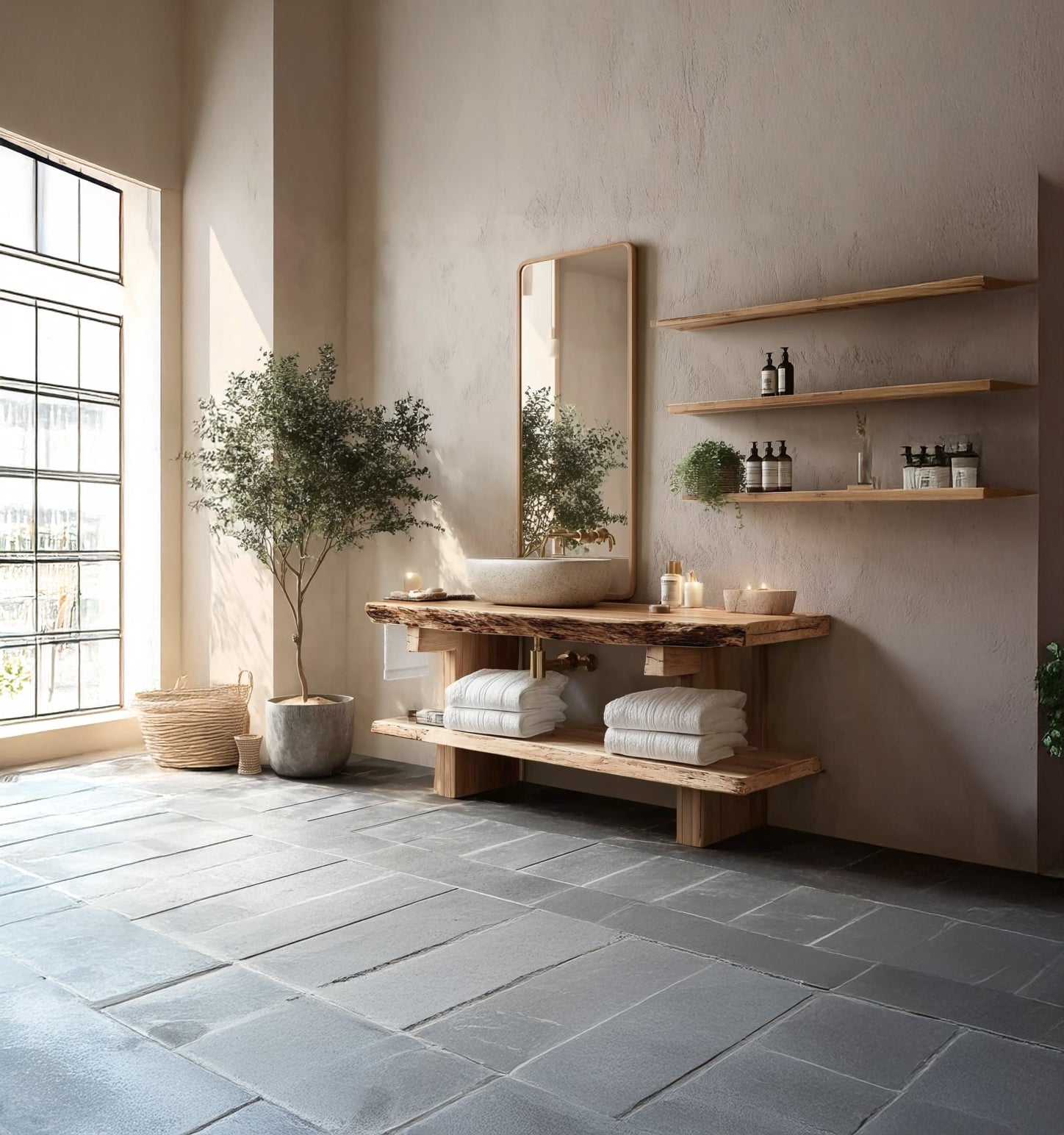 Handgefertigter Rustikaler Massivholz-Waschtisch mit Live Edge & Ablage