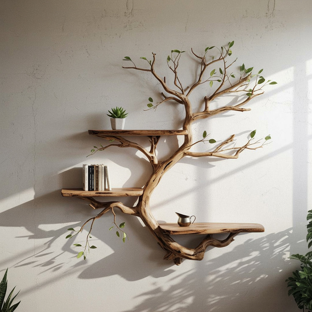 Live Edge Massivholz-Bücherregal – Wandmontiertes Treibholz-Wandregal als Kunstobjekt