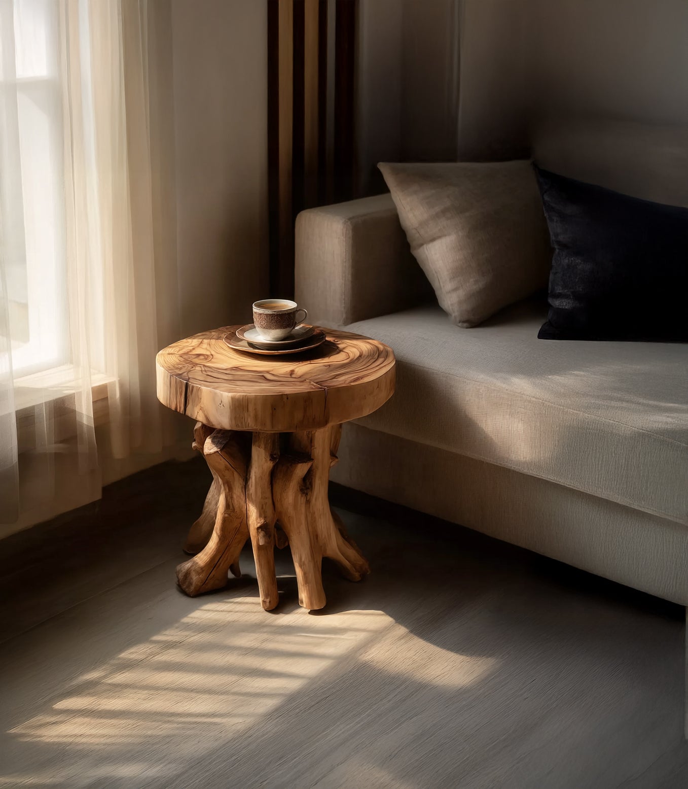 Massivholz-Beistelltisch mit Baumstammfuß – rustikal, rund, mit zwei Ablagen