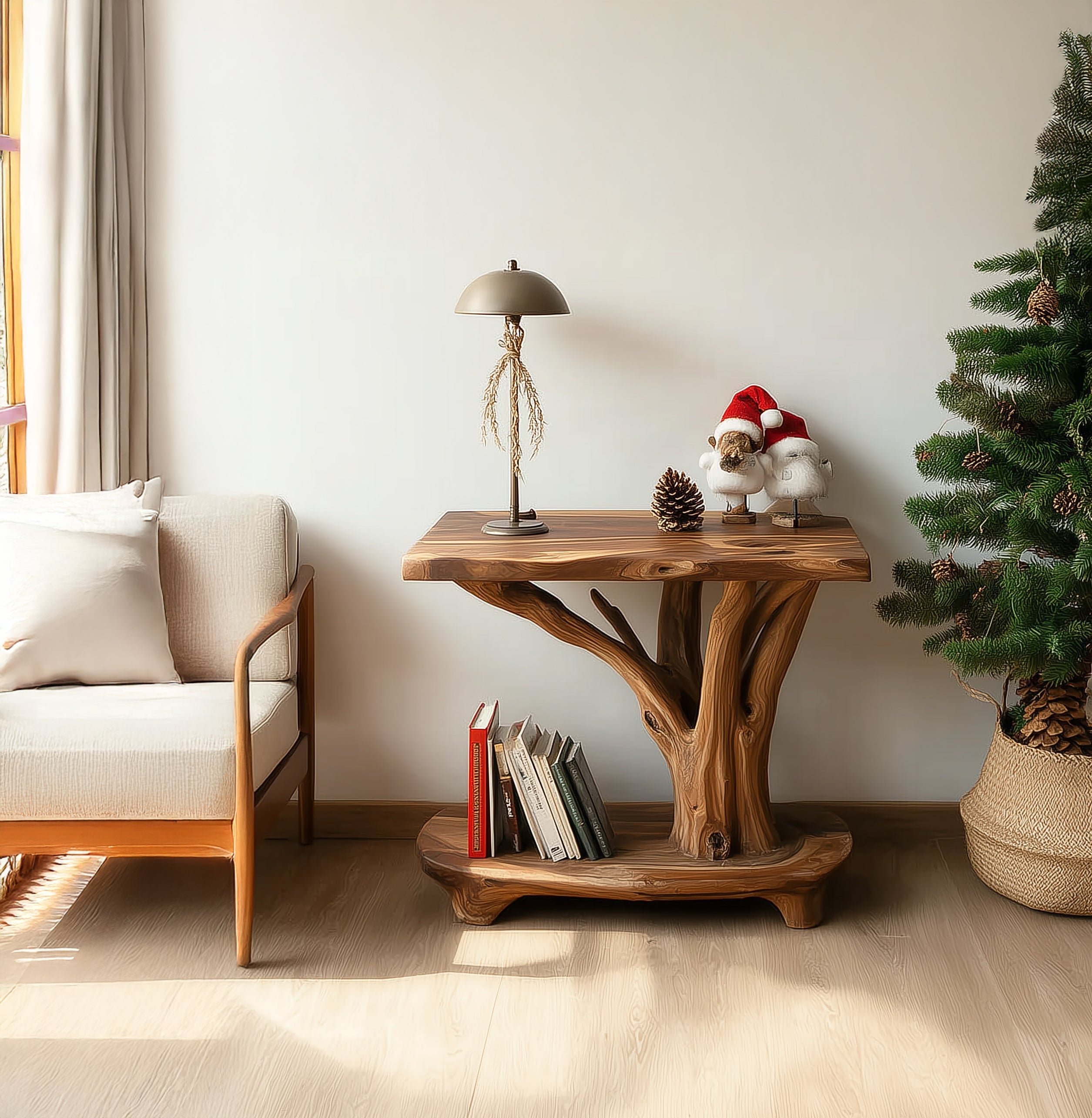 Rustikaler Massivholz-Beistelltisch mit Baumzweig-Design und Ablage