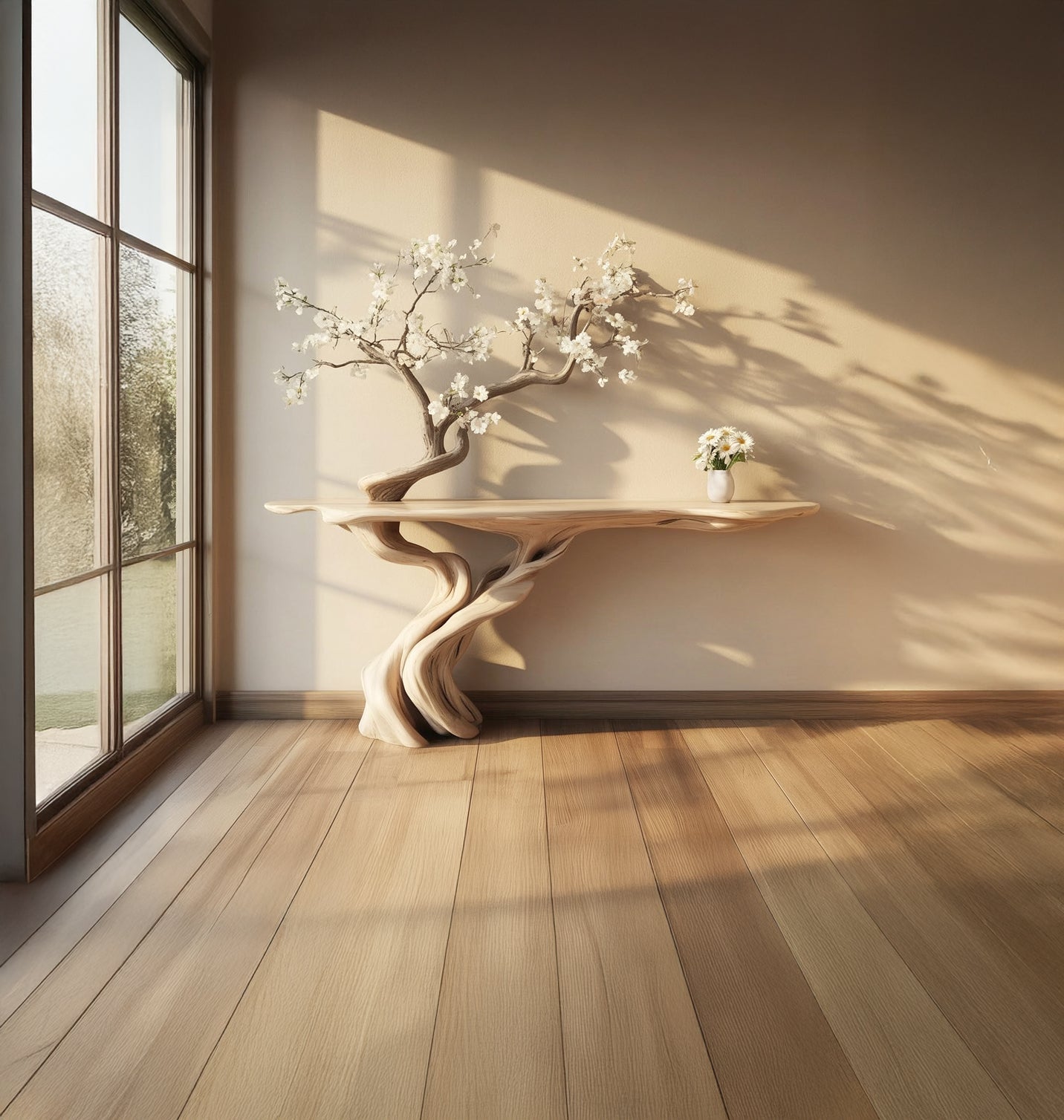 Handgefertigter Massivholz-Baumtisch – rustikale Flur- & Wohnzimmer-Konsole