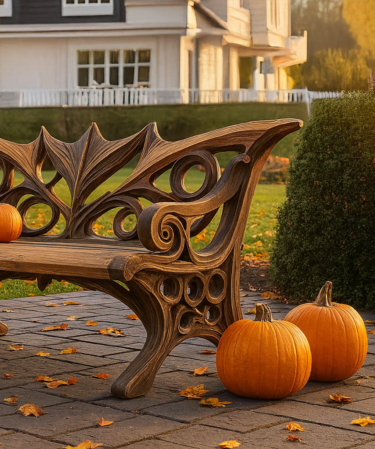 Rustikale Outdoor-Halloween-Bank – Handgefertigte Mid-Century-Verandabank
