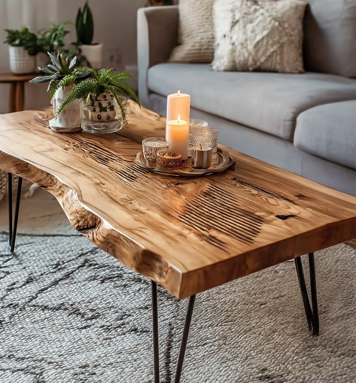 Live-Edge-Couchtisch aus Massivholz mit Hairpin-Beinen – rustikales modernes Design