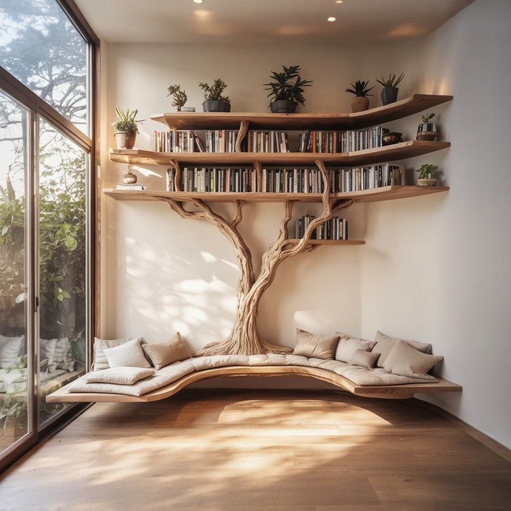 Handgefertigtes Baum-Bücherregal mit Sitzbank – Live Edge Massivholz Wandregal für Leseecke