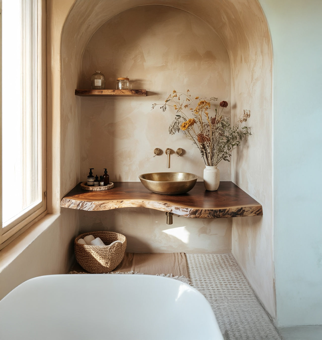 Schwebendes Live-Edge Waschtischregal – Handgemachte rustikale Baddeko
