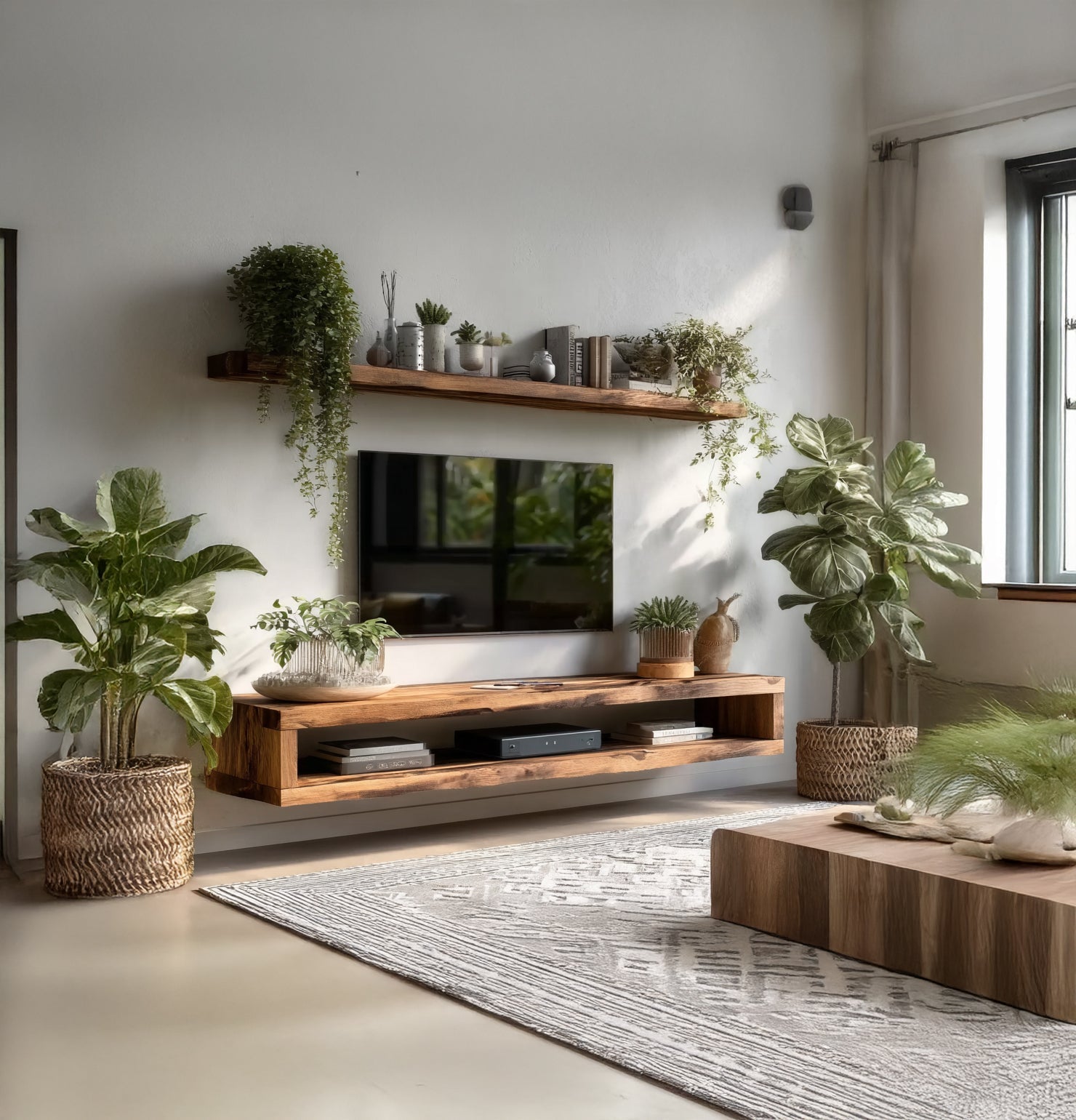 Moderner Live-Edge TV-Board – Handgefertigte Massivholz-Wandkonsole