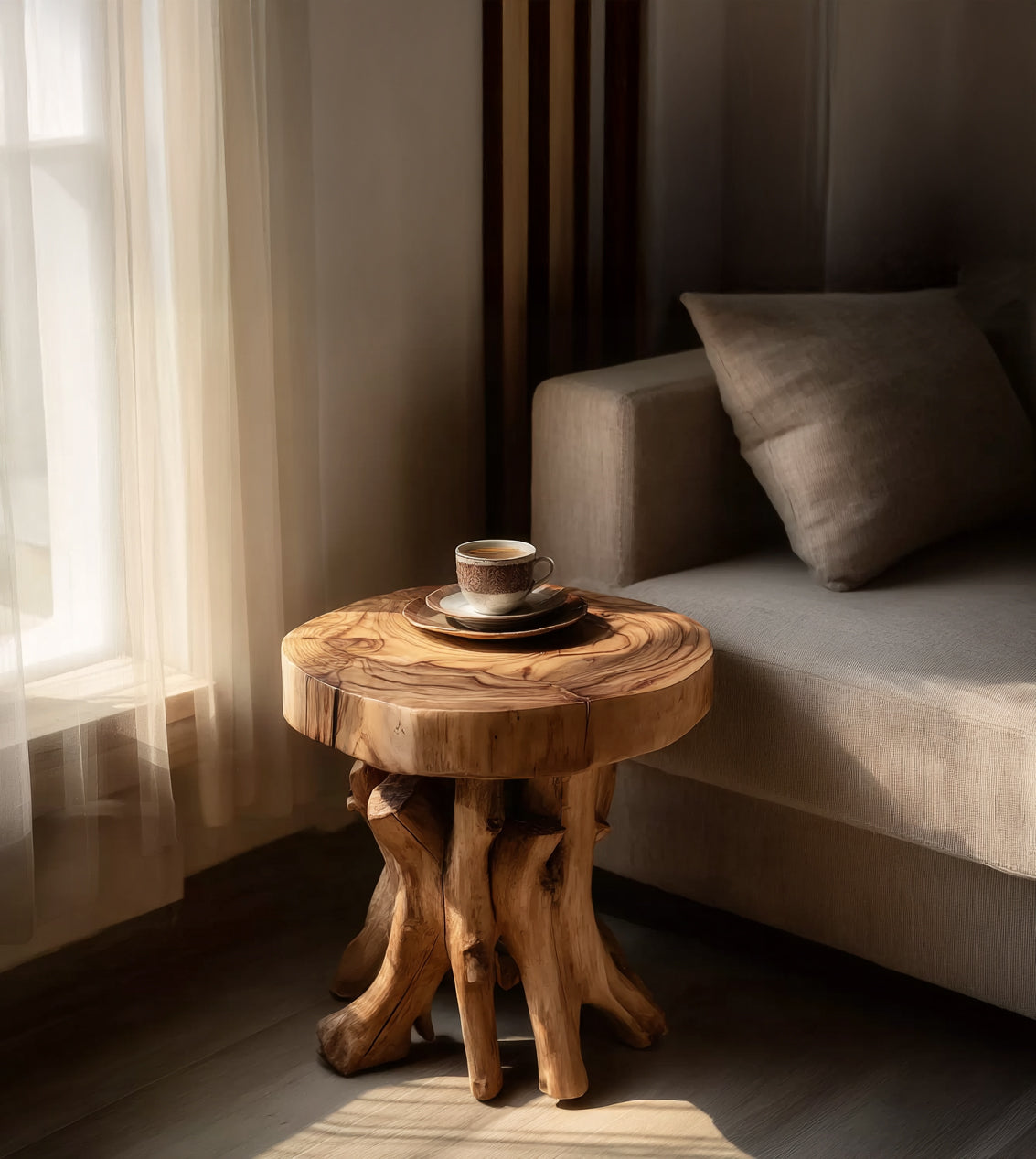 Massivholz-Beistelltisch mit Baumstammfuß – rustikal, rund, mit zwei Ablagen