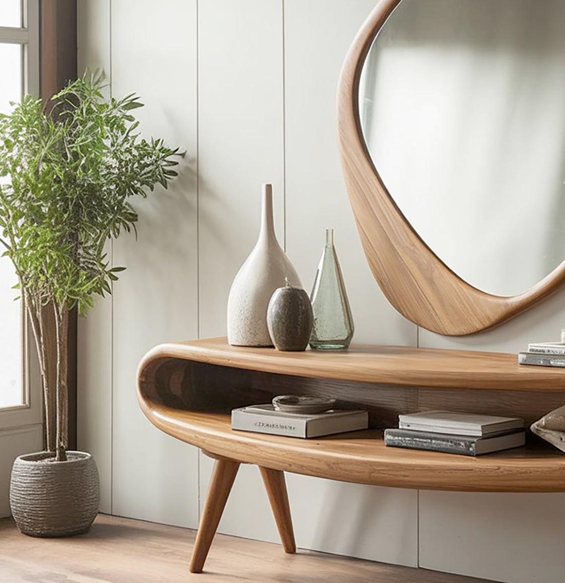 Mid-Century Modern Konsolentisch mit Spiegel – Massivholz-Eingangstisch