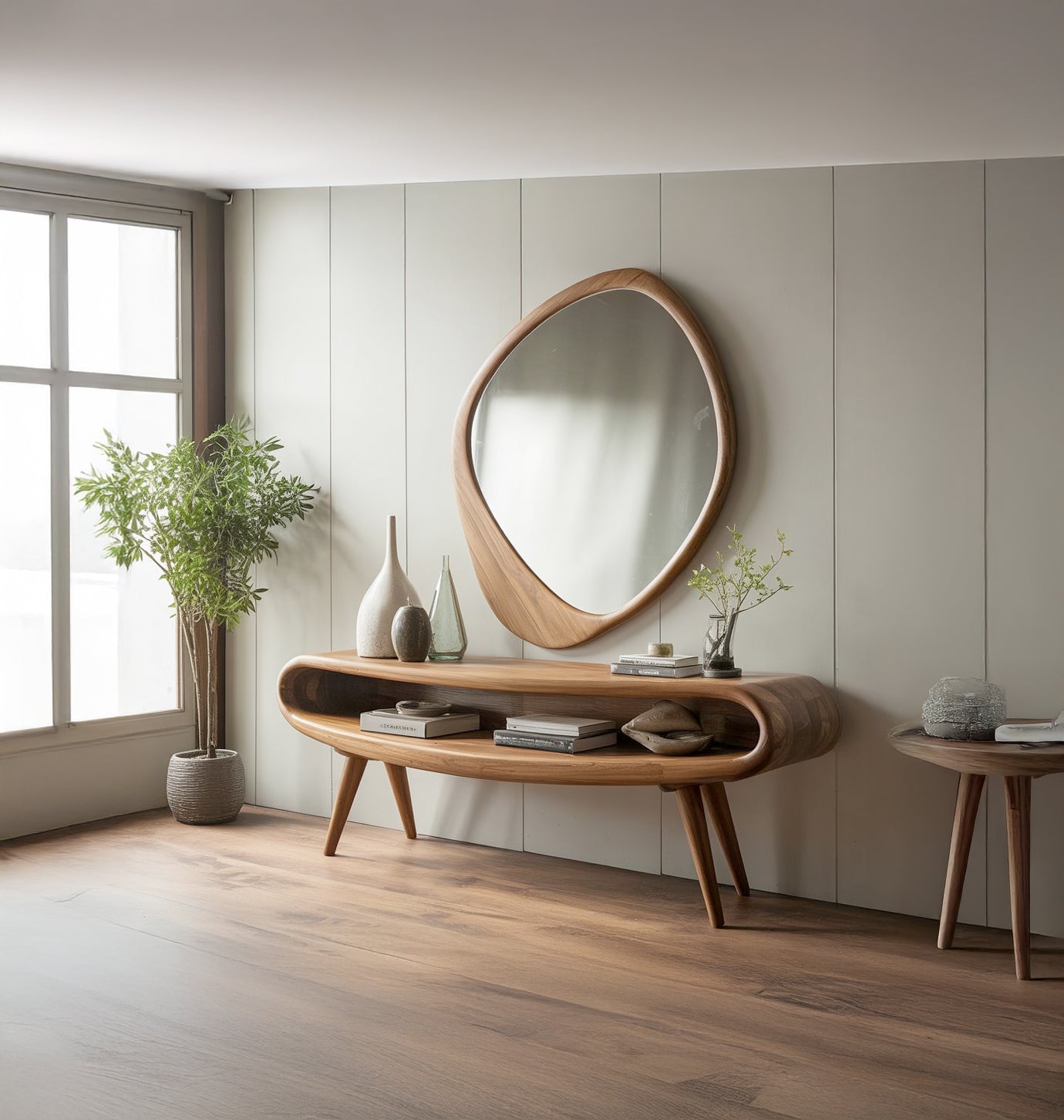 Mid-Century Modern Konsolentisch mit Spiegel – Massivholz-Eingangstisch