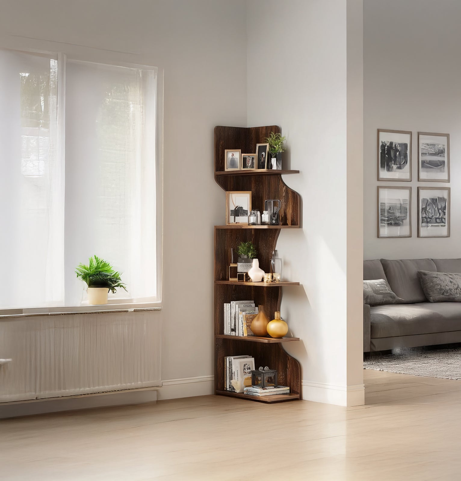 Hoher Eck-Bücherregal – Modernes Holzregal für kleine Räume