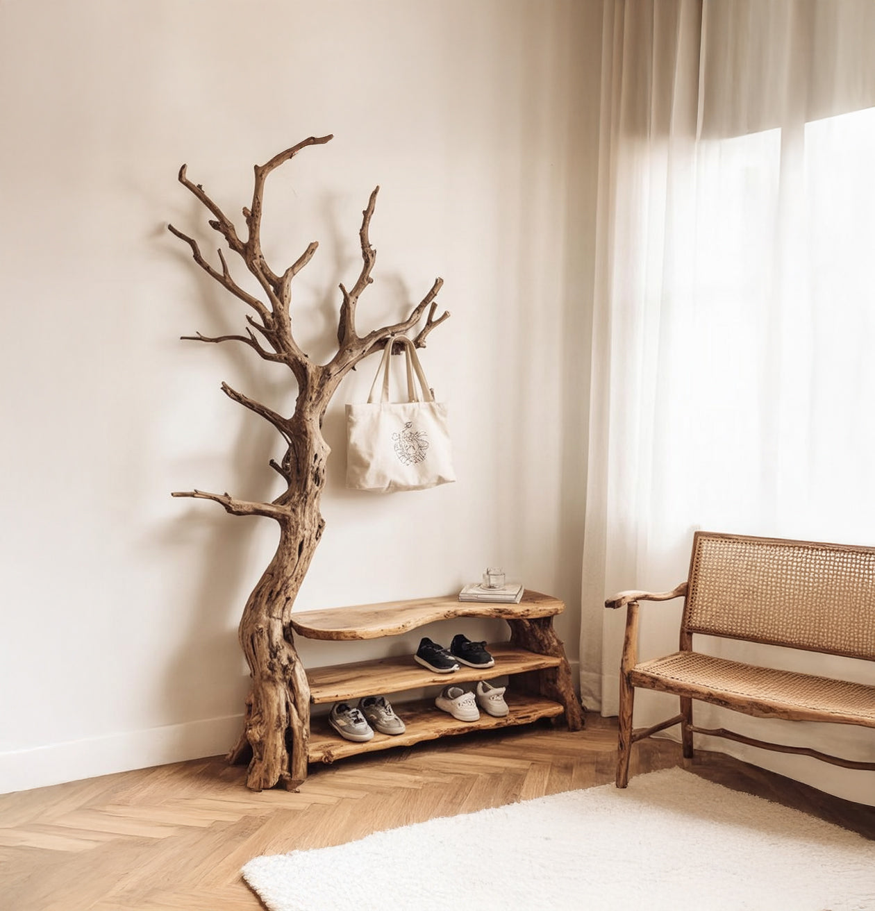 Treibholz-Garderobe aus Baumästen – Wandmontierte Massivholz-Haken